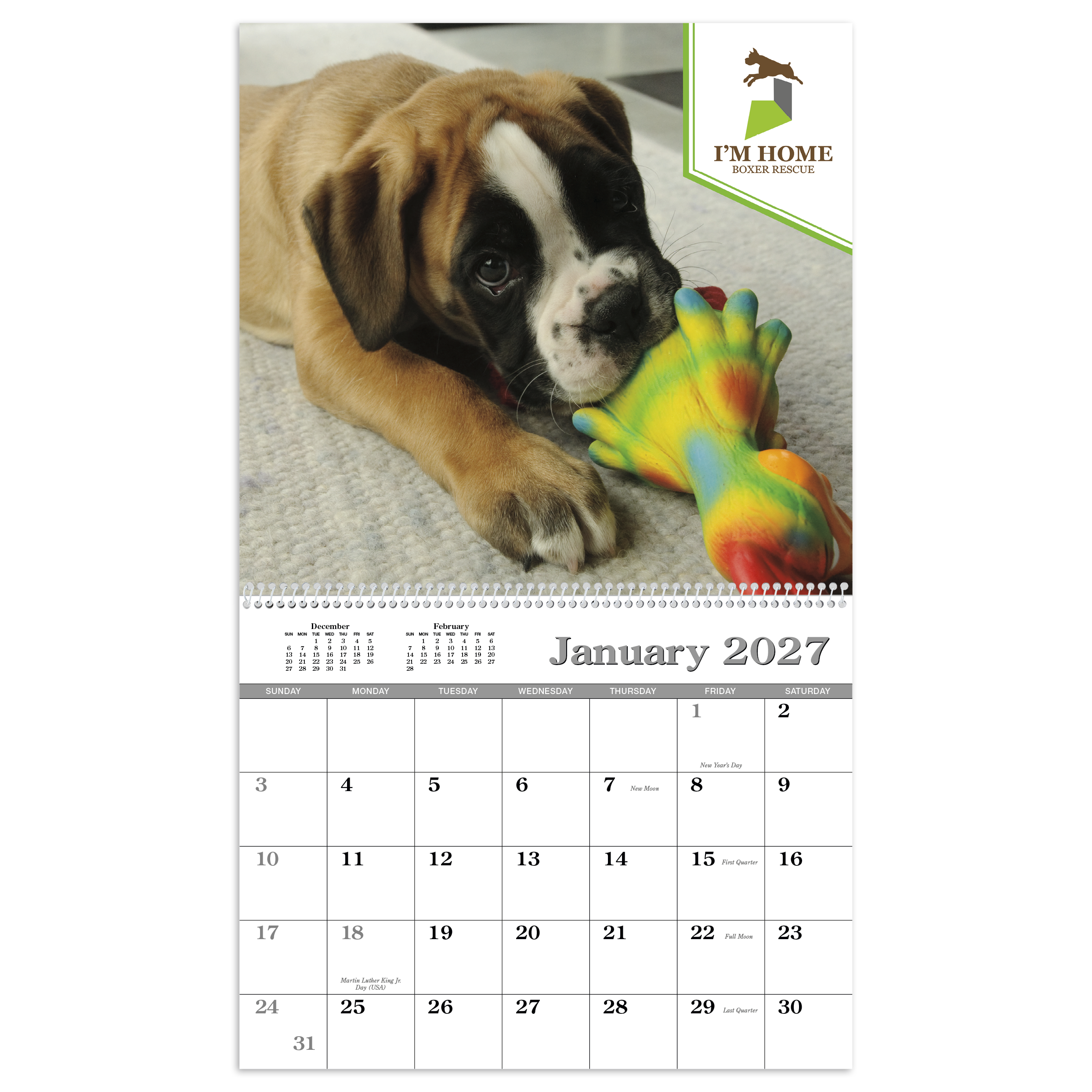 Custom spiral-bound appointment calendar featuring a full-color personalized cover image, tear-off memo-style monthly pages, and FSC®-certified paper.