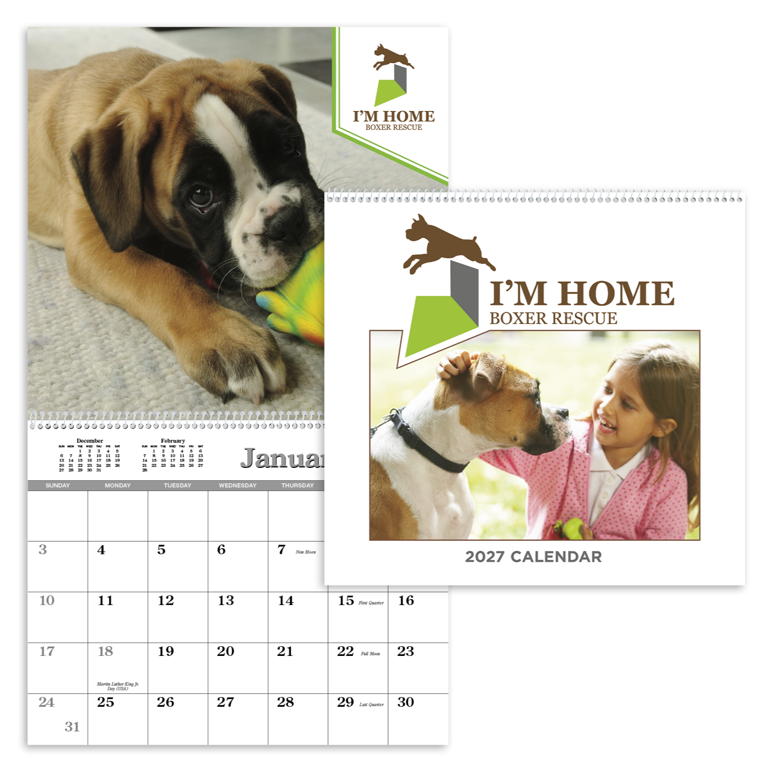 Custom spiral-bound appointment calendar featuring a full-color personalized cover image, tear-off memo-style monthly pages, and FSC®-certified paper.