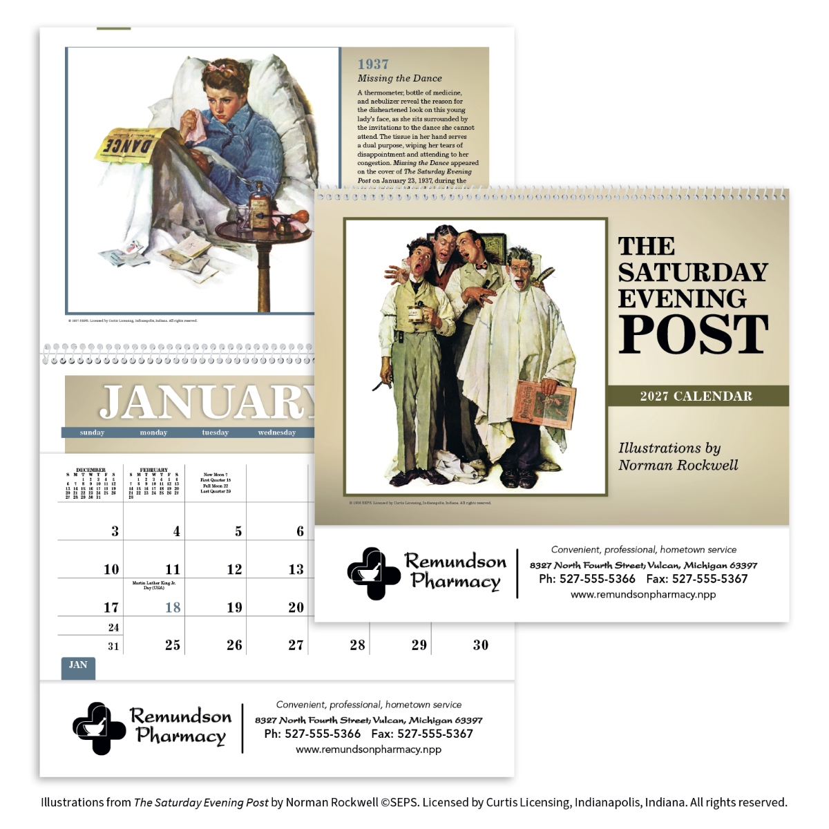 Norman Rockwell pocket calendar featuring classic American illustrations and convenient storage pockets for each month, assembled in the USA.