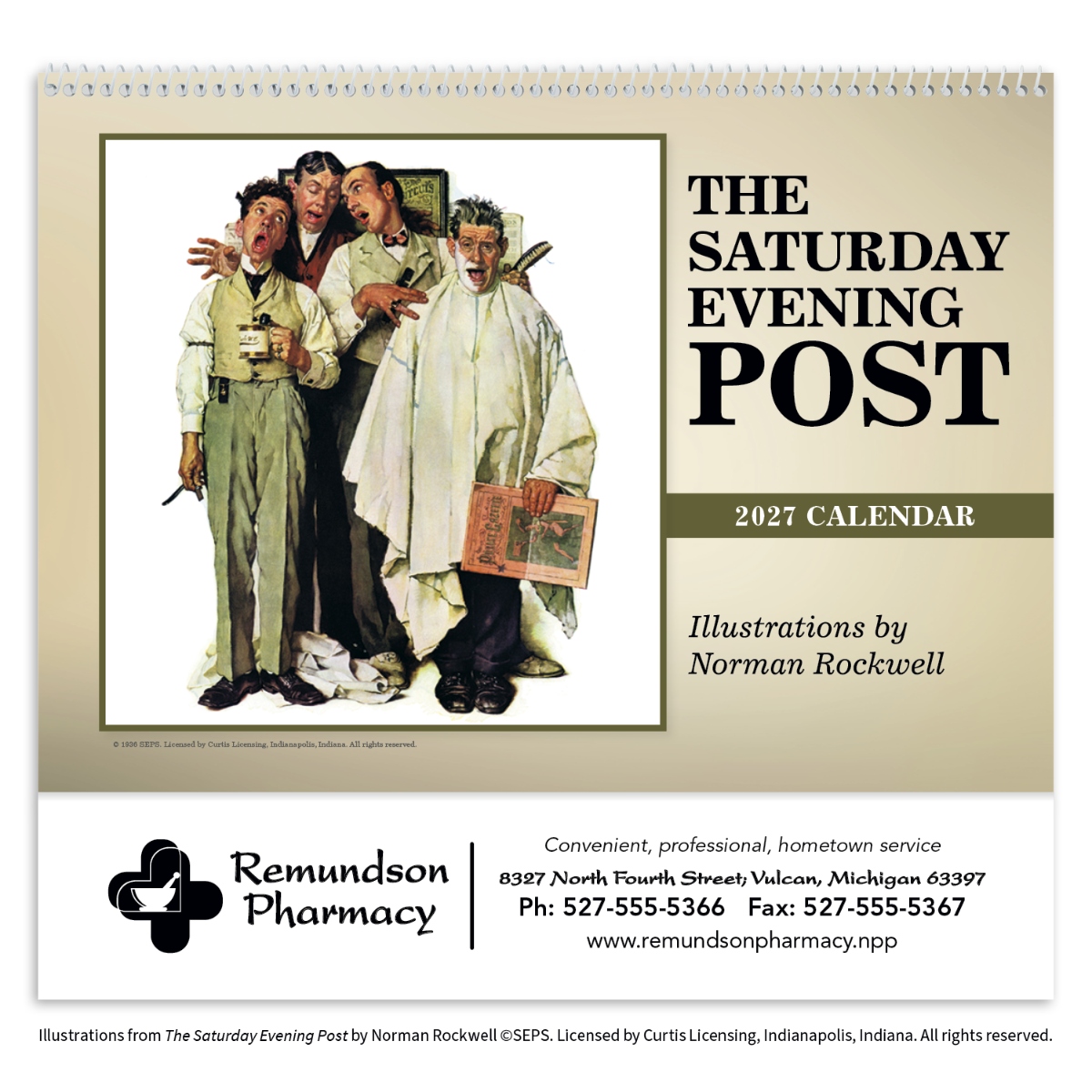 Norman Rockwell pocket calendar featuring classic American illustrations and convenient storage pockets for each month, assembled in the USA.