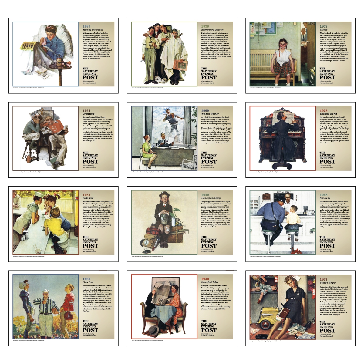 Norman Rockwell pocket calendar featuring classic American illustrations and convenient storage pockets for each month, assembled in the USA.