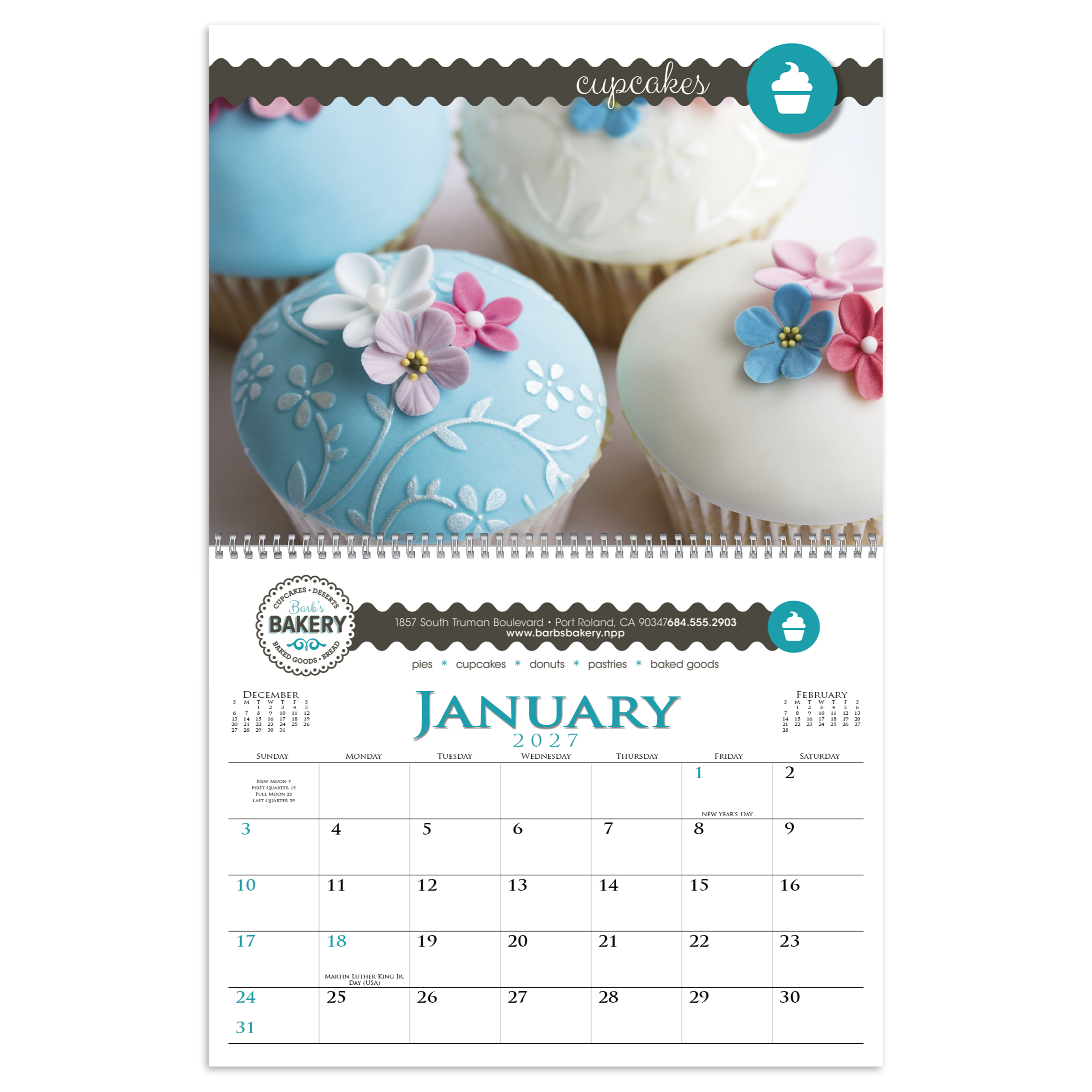 2027 premium spiral-bound appointment calendar featuring a personalized full-color cover and monthly custom images printed on FSC®-certified gloss paper.