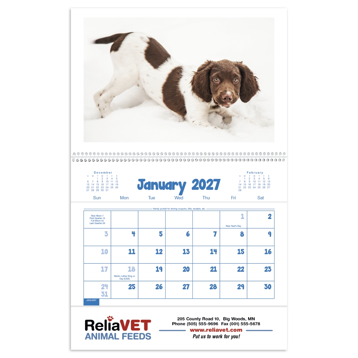 Pet-themed calendar featuring adorable puppies and kittens, with monthly storage pockets and a pet health and immunization record.