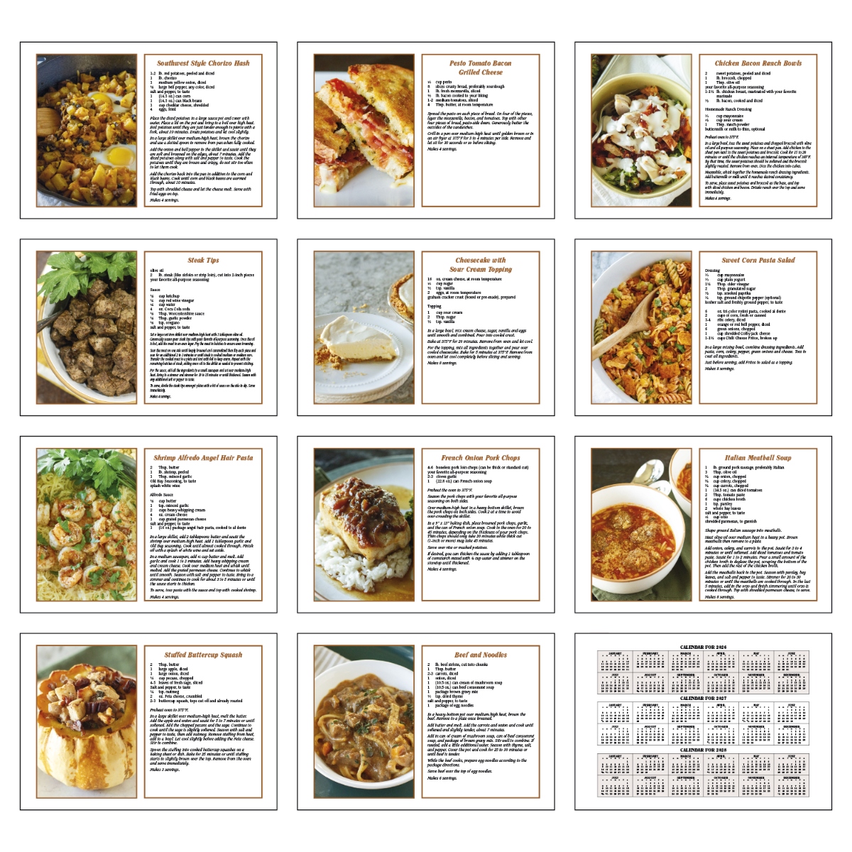 Recipe calendar featuring 12 delicious recipes and convenient storage pockets for each month, assembled in the USA.