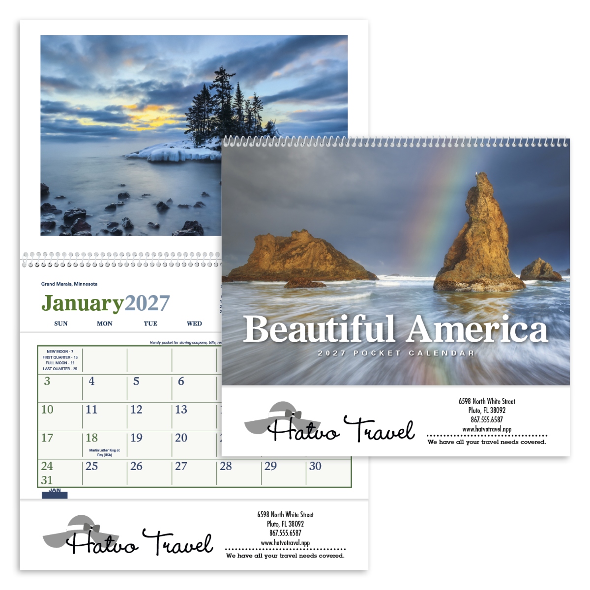 Scenic pocket calendar featuring full-color photographs and convenient storage pockets for each month, assembled in the USA.