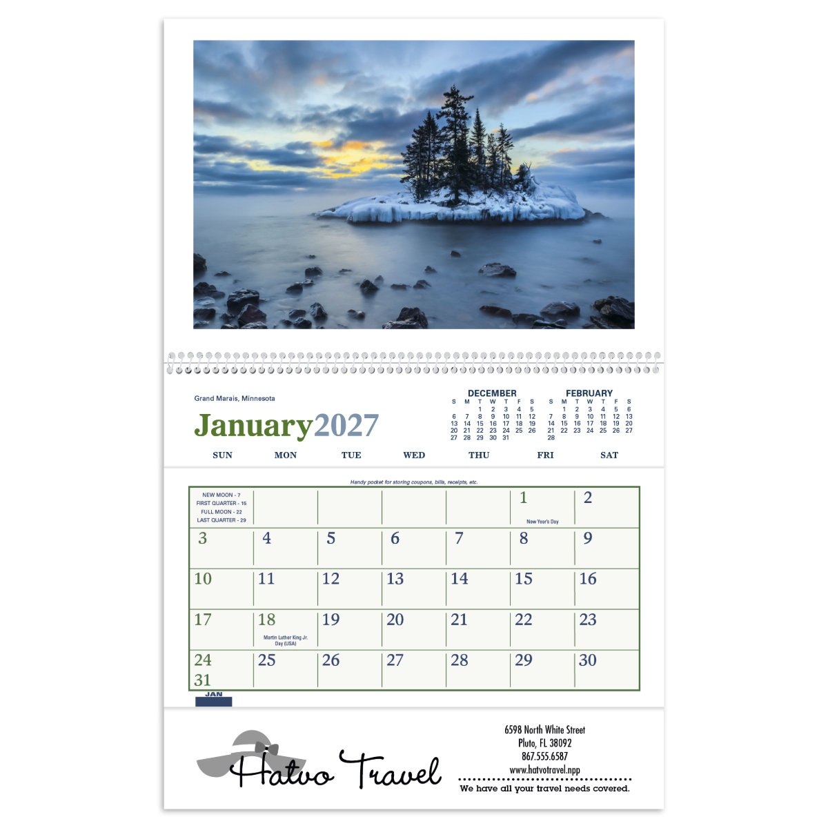 Scenic pocket calendar featuring full-color photographs and convenient storage pockets for each month, assembled in the USA.