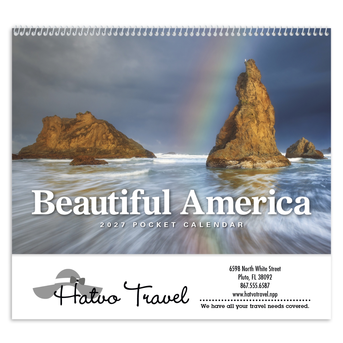 Scenic pocket calendar featuring full-color photographs and convenient storage pockets for each month, assembled in the USA.