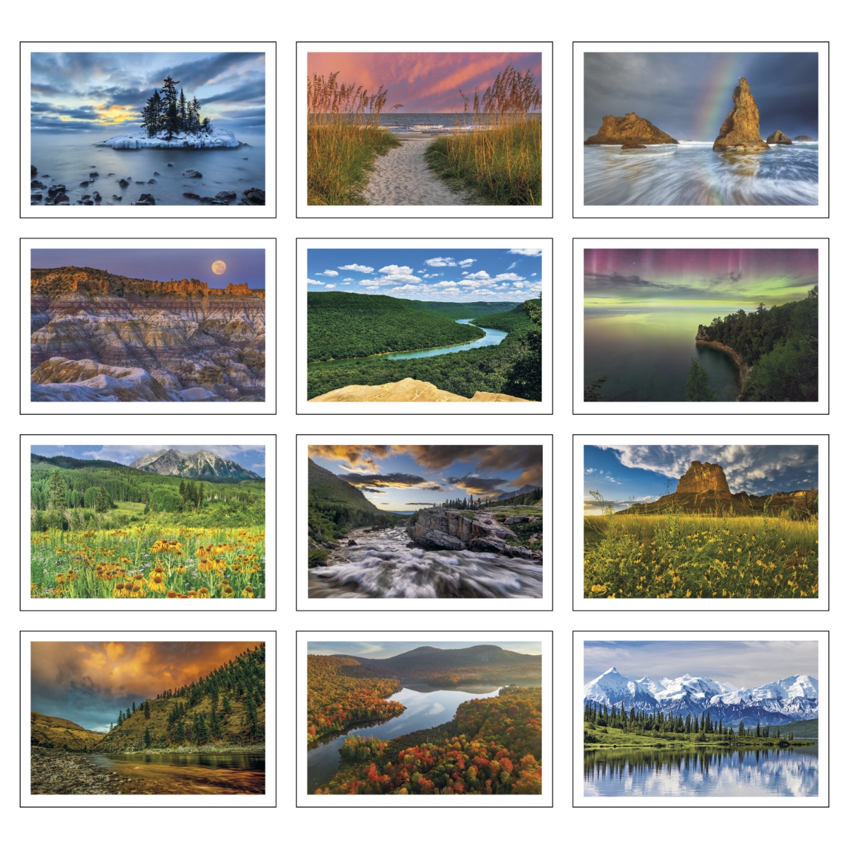 Scenic pocket calendar featuring full-color photographs and convenient storage pockets for each month, assembled in the USA.