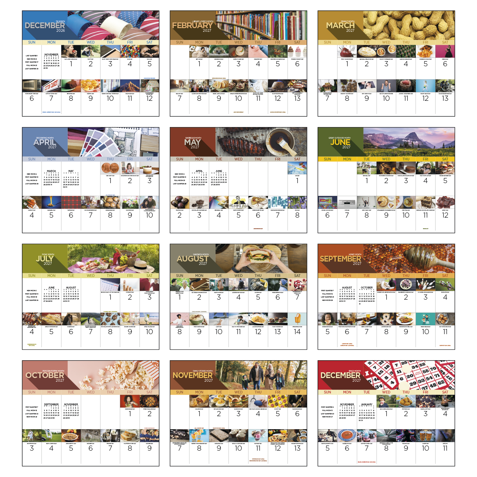 Multicolor stapled event calendar with daily celebration themes, glossy cover, and printed date pages displayed on a white background.