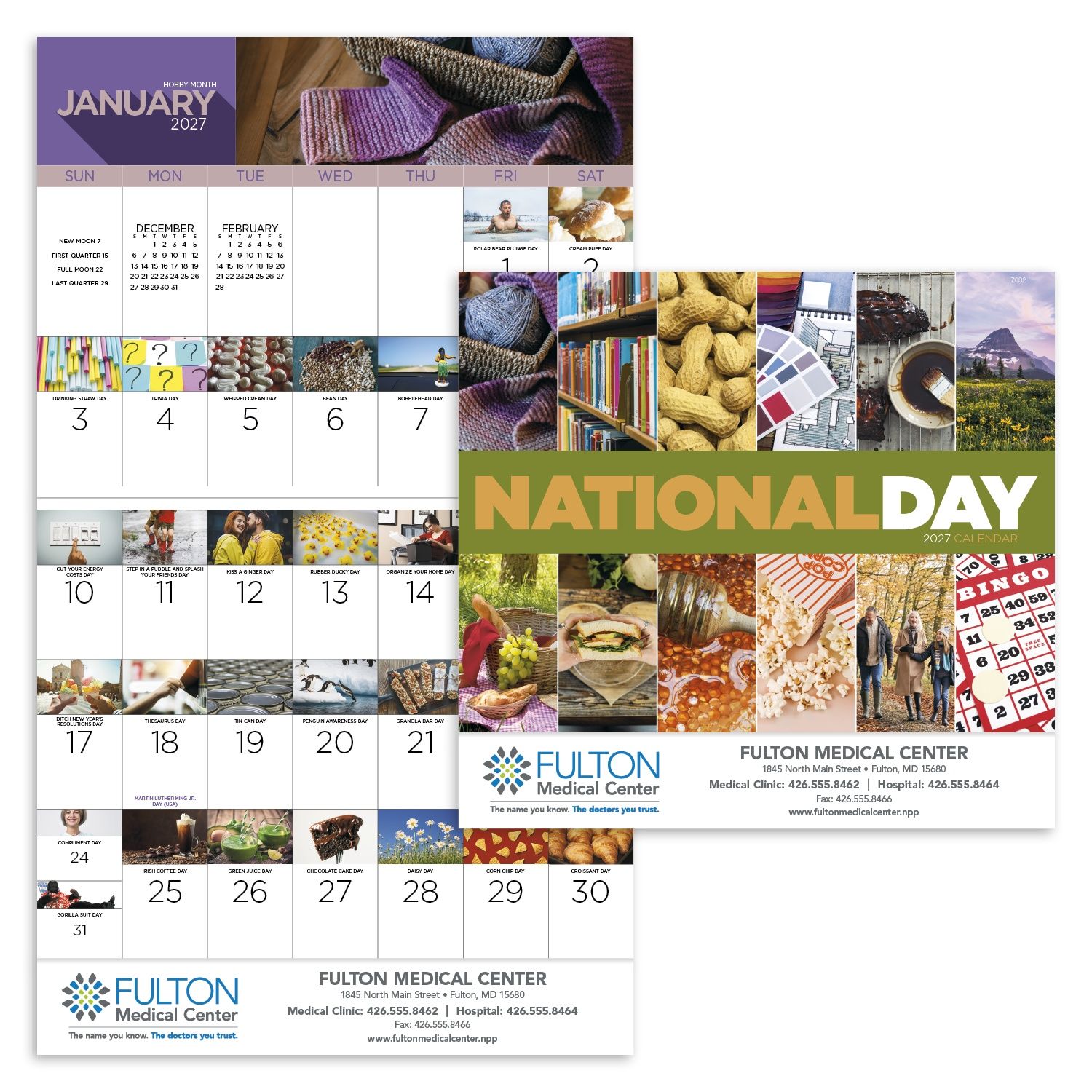 Multicolor stapled event calendar with daily celebration themes, glossy cover, and printed date pages displayed on a white background.
