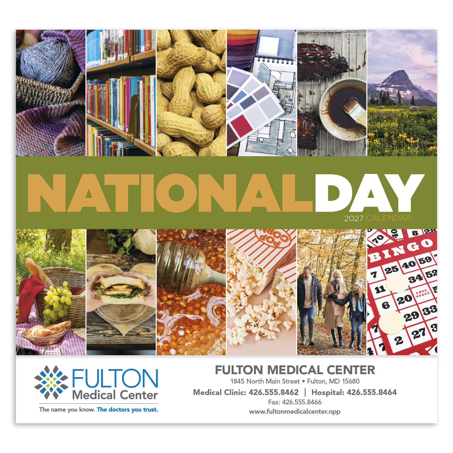 Multicolor stapled event calendar with daily celebration themes, glossy cover, and printed date pages displayed on a white background.