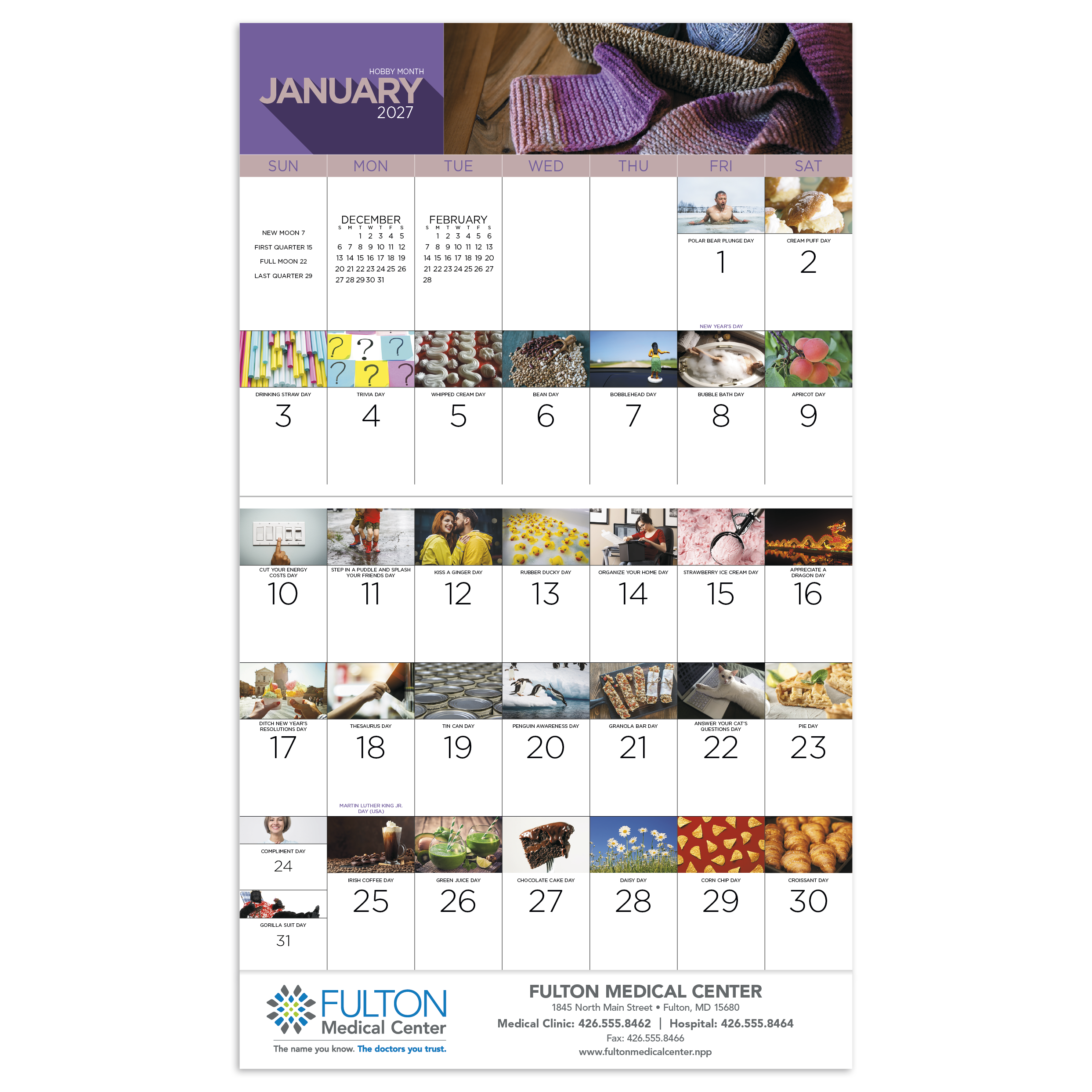 Multicolor stapled event calendar with daily celebration themes, glossy cover, and printed date pages displayed on a white background.