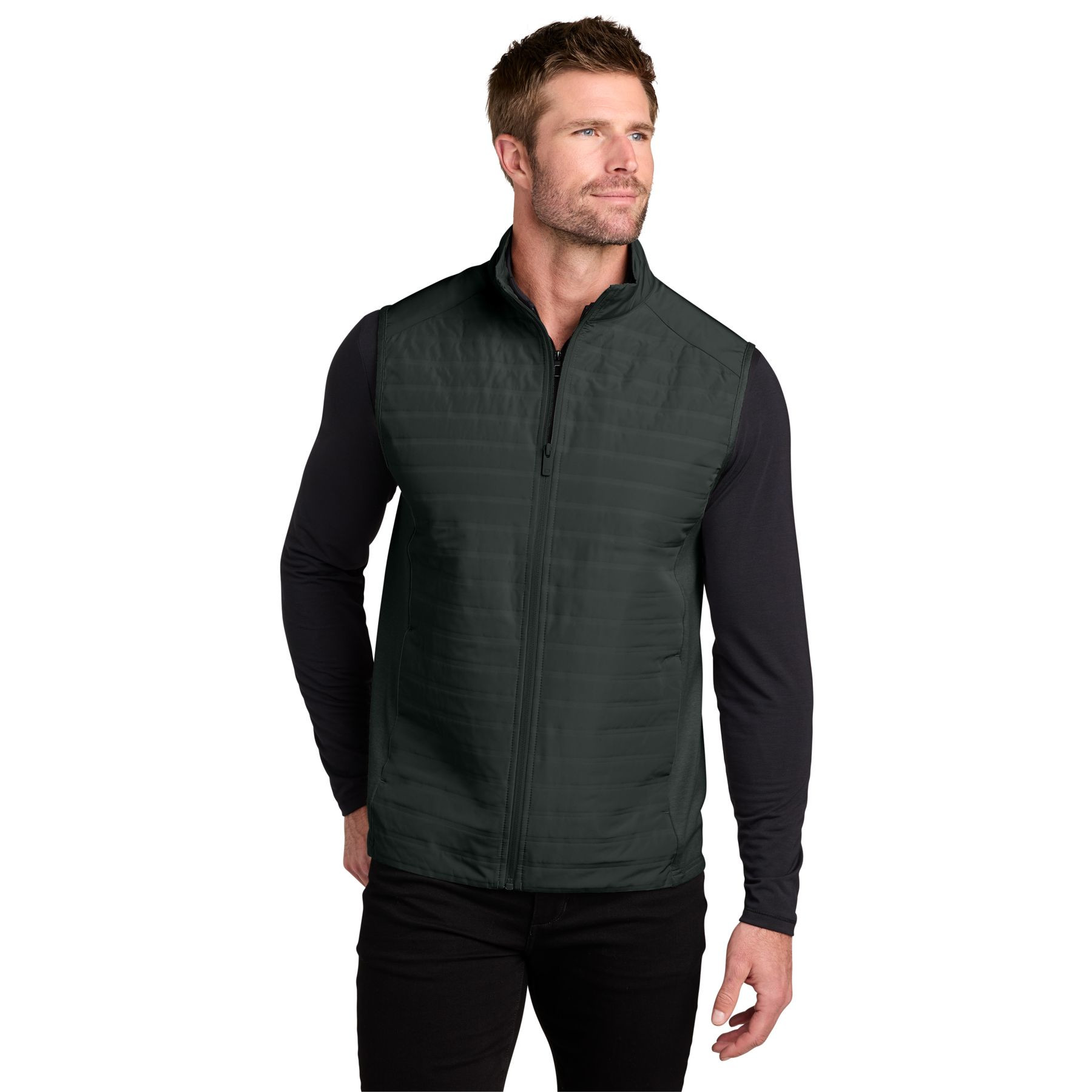 Blacktop OGIO® Driveline Hybrid Vest a lightweight hybrid vest with a water-repellent quilted front and back, moisture-wicking stretch knit side panels, stand collar, full-length zipper, zippered hand pockets, and a 3D silicone OGIO logo, designed for layering, golf, travel, work, and everyday outdoor wear.