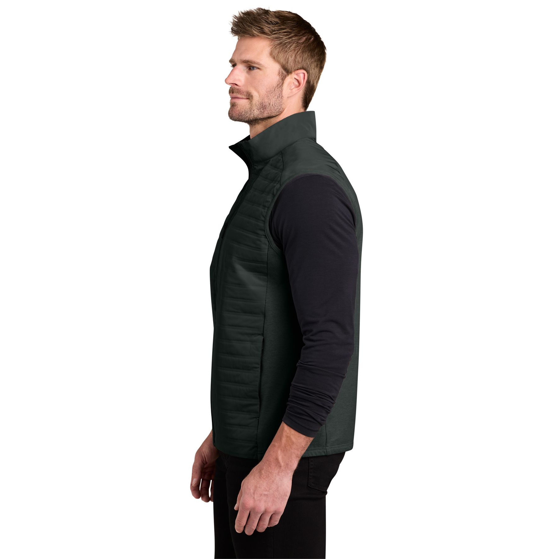 Blacktop OGIO® Driveline Hybrid Vest a lightweight hybrid vest with a water-repellent quilted front and back, moisture-wicking stretch knit side panels, stand collar, full-length zipper, zippered hand pockets, and a 3D silicone OGIO logo, designed for layering, golf, travel, work, and everyday outdoor wear.