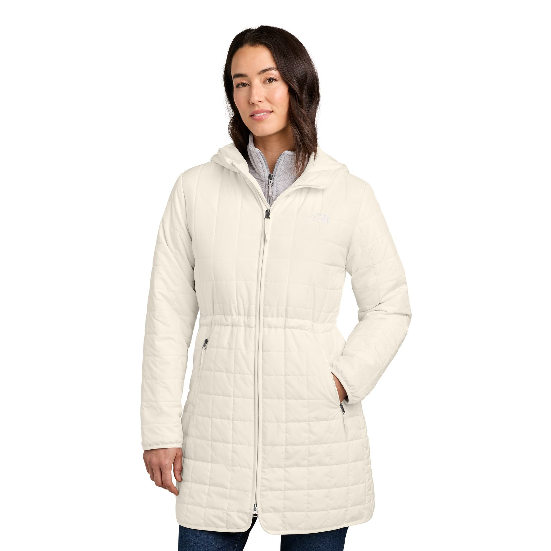 White Dune The North Face® Women’s Iron Drift Quilted Hooded Parka a lightweight insulated quilted hooded parka with a recycled polyester shell, non-PFC durable water-repellent finish, full-length reverse-coil zipper, attached hood, secure zippered hand pockets, elastic-bound cuffs, and embroidered The North Face® logos, designed for lightweight warmth, layering, commuting, and everyday outdoor wear.