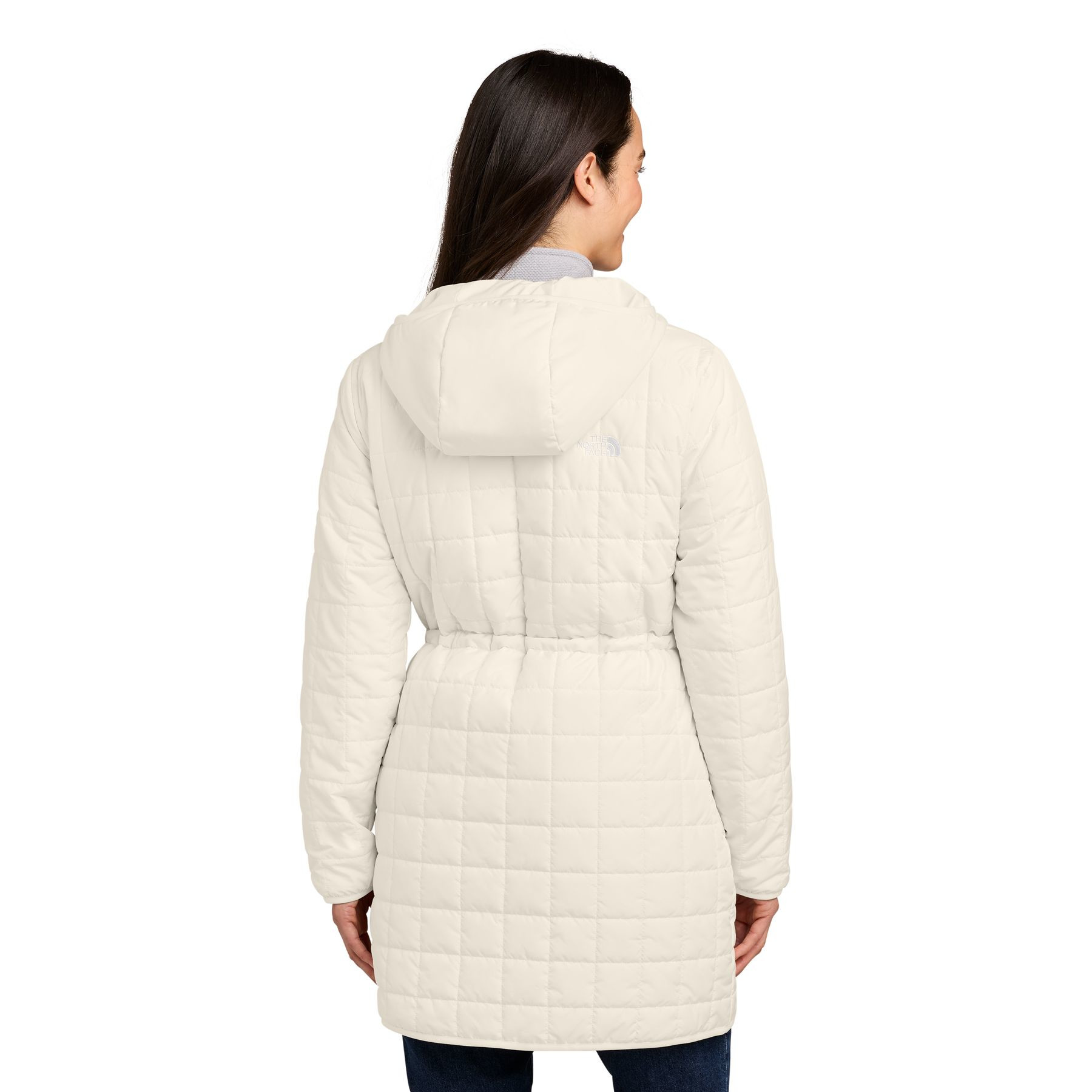 White Dune The North Face® Women’s Iron Drift Quilted Hooded Parka a lightweight insulated quilted hooded parka with a recycled polyester shell, non-PFC durable water-repellent finish, full-length reverse-coil zipper, attached hood, secure zippered hand pockets, elastic-bound cuffs, and embroidered The North Face® logos, designed for lightweight warmth, layering, commuting, and everyday outdoor wear.