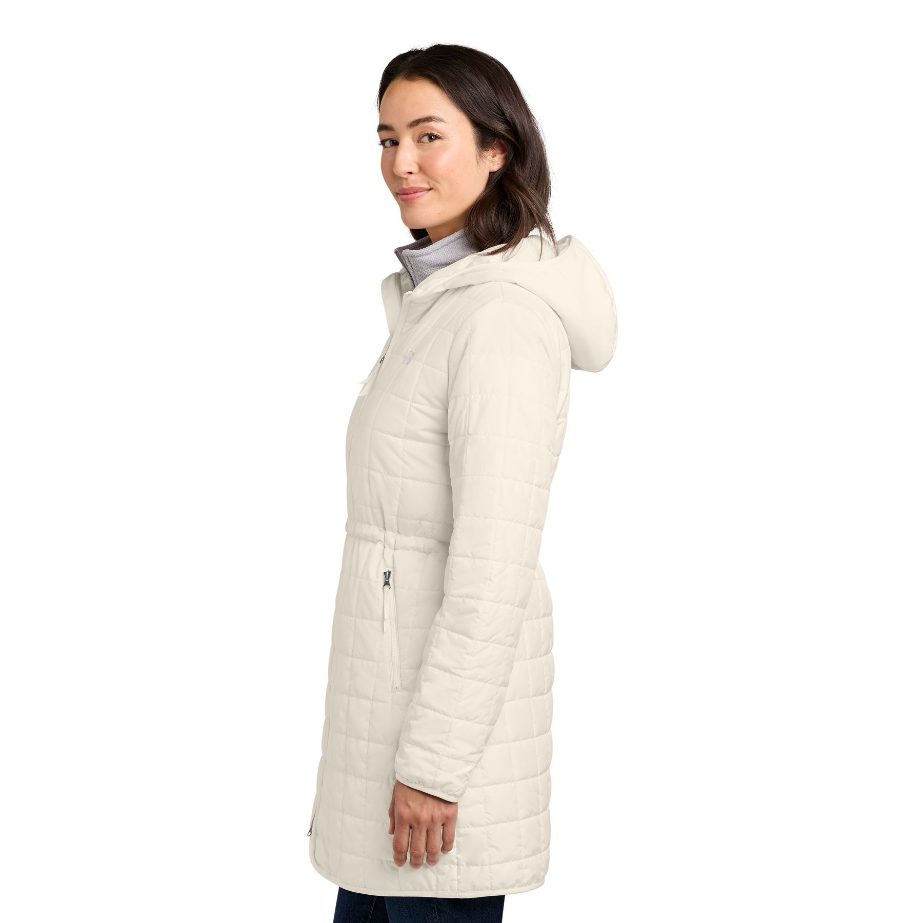 White Dune The North Face® Women’s Iron Drift Quilted Hooded Parka a lightweight insulated quilted hooded parka with a recycled polyester shell, non-PFC durable water-repellent finish, full-length reverse-coil zipper, attached hood, secure zippered hand pockets, elastic-bound cuffs, and embroidered The North Face® logos, designed for lightweight warmth, layering, commuting, and everyday outdoor wear.
