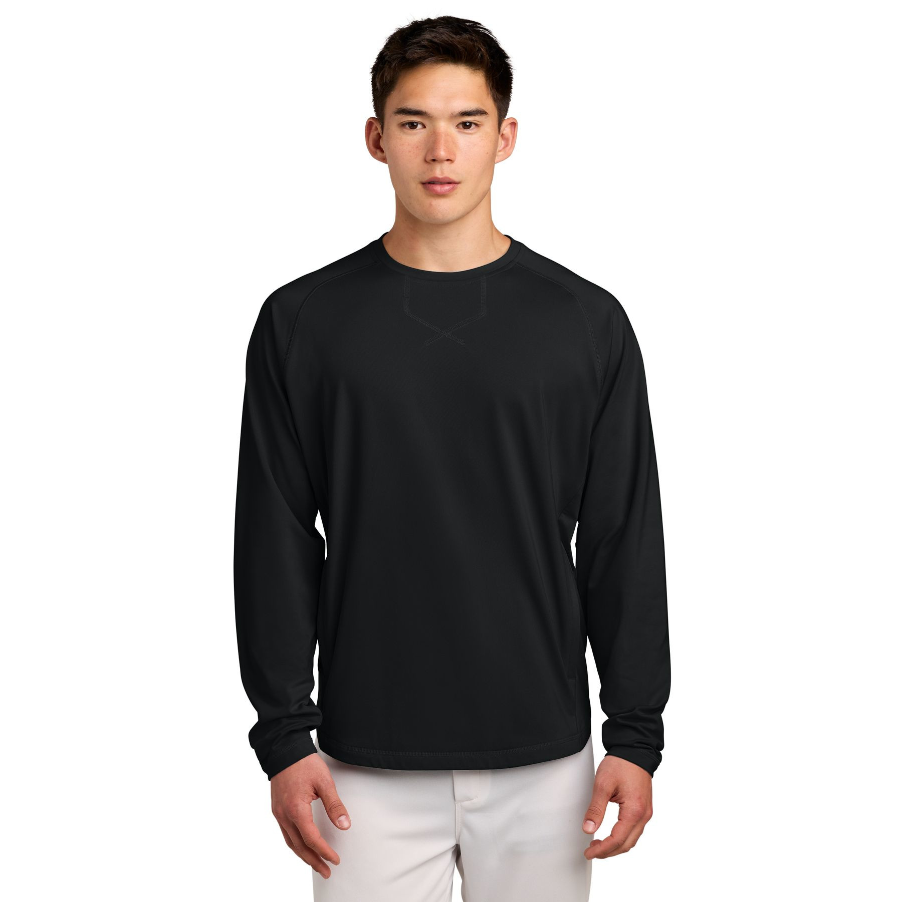 Black performance crewneck sweatshirt made from stretch polyester and spandex fabric with long raglan sleeves, side pockets, and a moisture-wicking design.