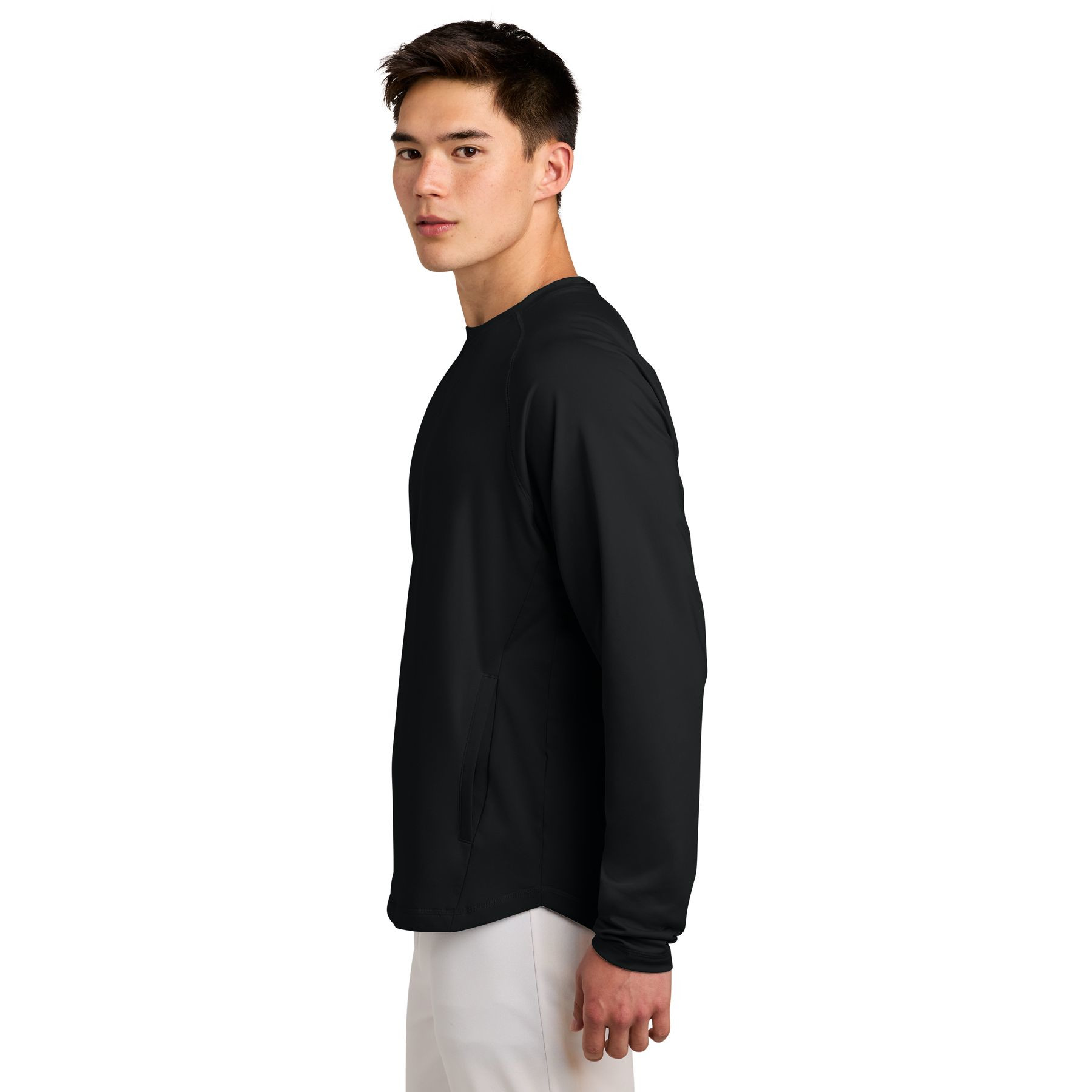 Black performance crewneck sweatshirt made from stretch polyester and spandex fabric with long raglan sleeves, side pockets, and a moisture-wicking design.