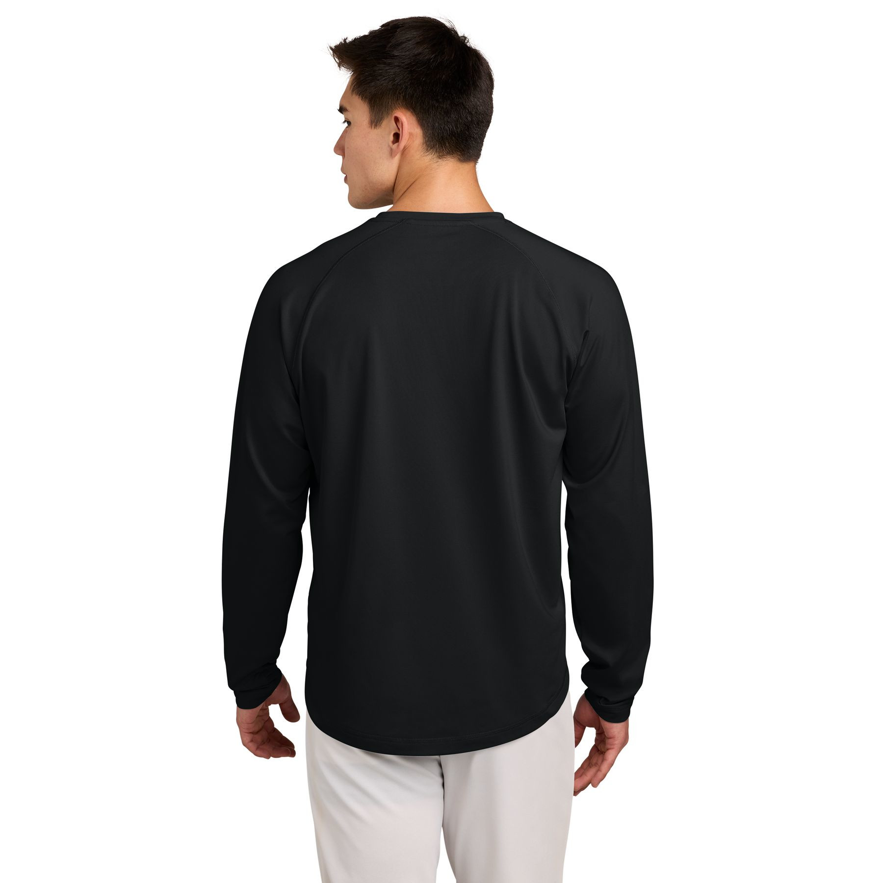 Black performance crewneck sweatshirt made from stretch polyester and spandex fabric with long raglan sleeves, side pockets, and a moisture-wicking design.