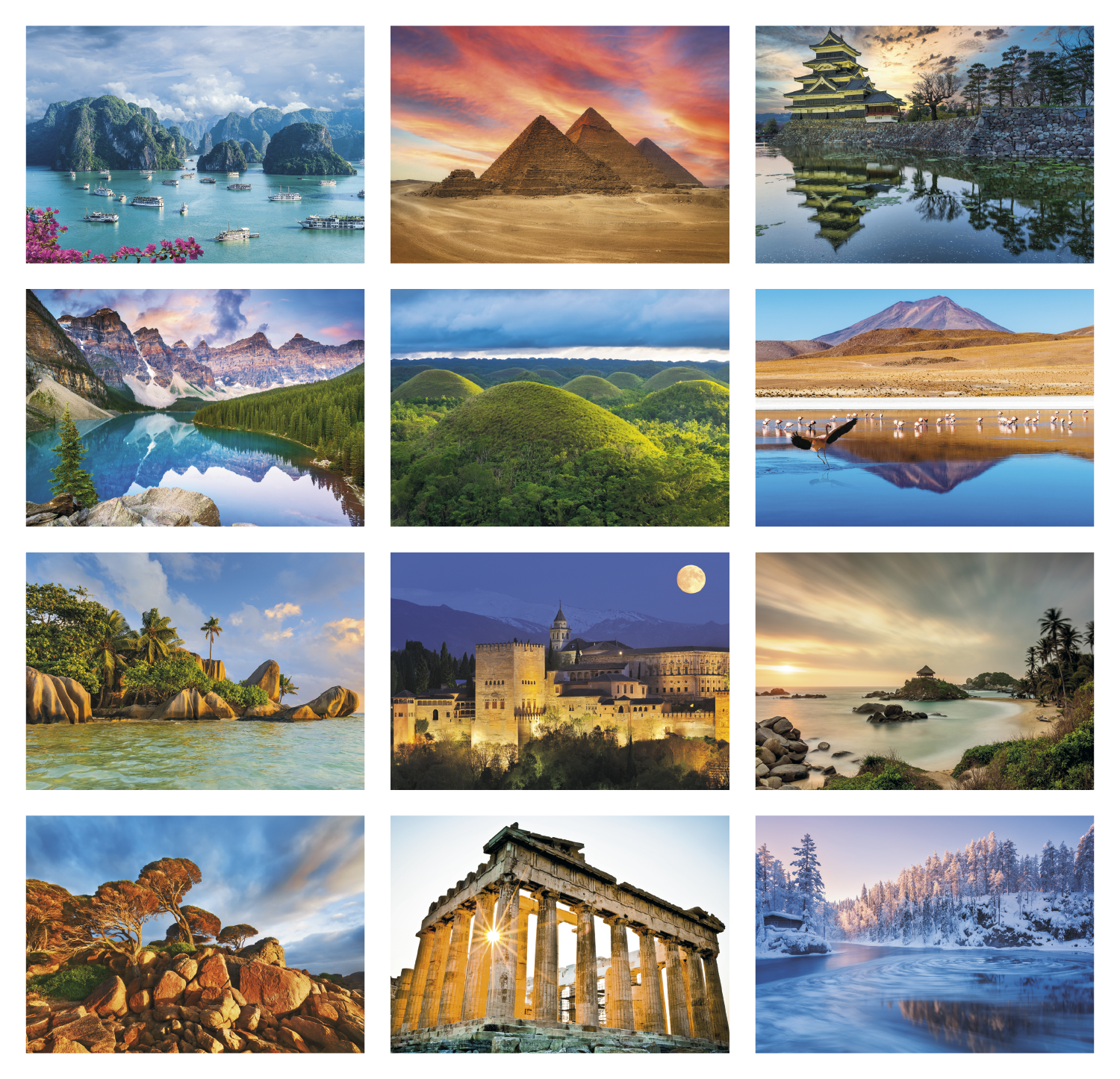 World Scenic Executive Calendar featuring stunning full-color photographs of breathtaking landscapes from around the world, a premium wall calendar with large monthly appointment grids, heavyweight glossy pages, and an executive-style layout for home, office, and year-round scheduling.