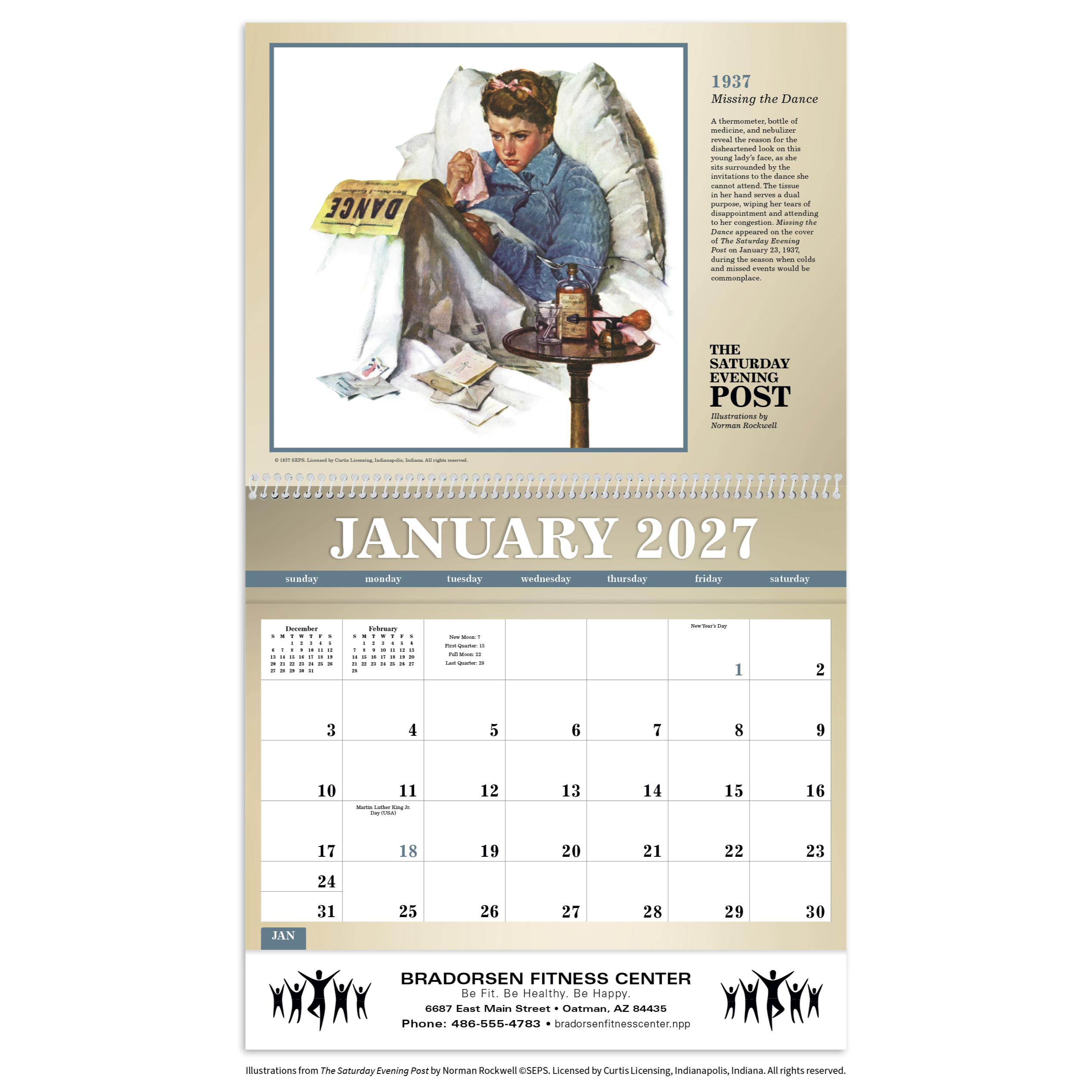 Deluxe pocket appointment calendar featuring The Saturday Evening Post Norman Rockwell Americana illustrations with reverse-collated monthly storage pockets and a matte paper cover.