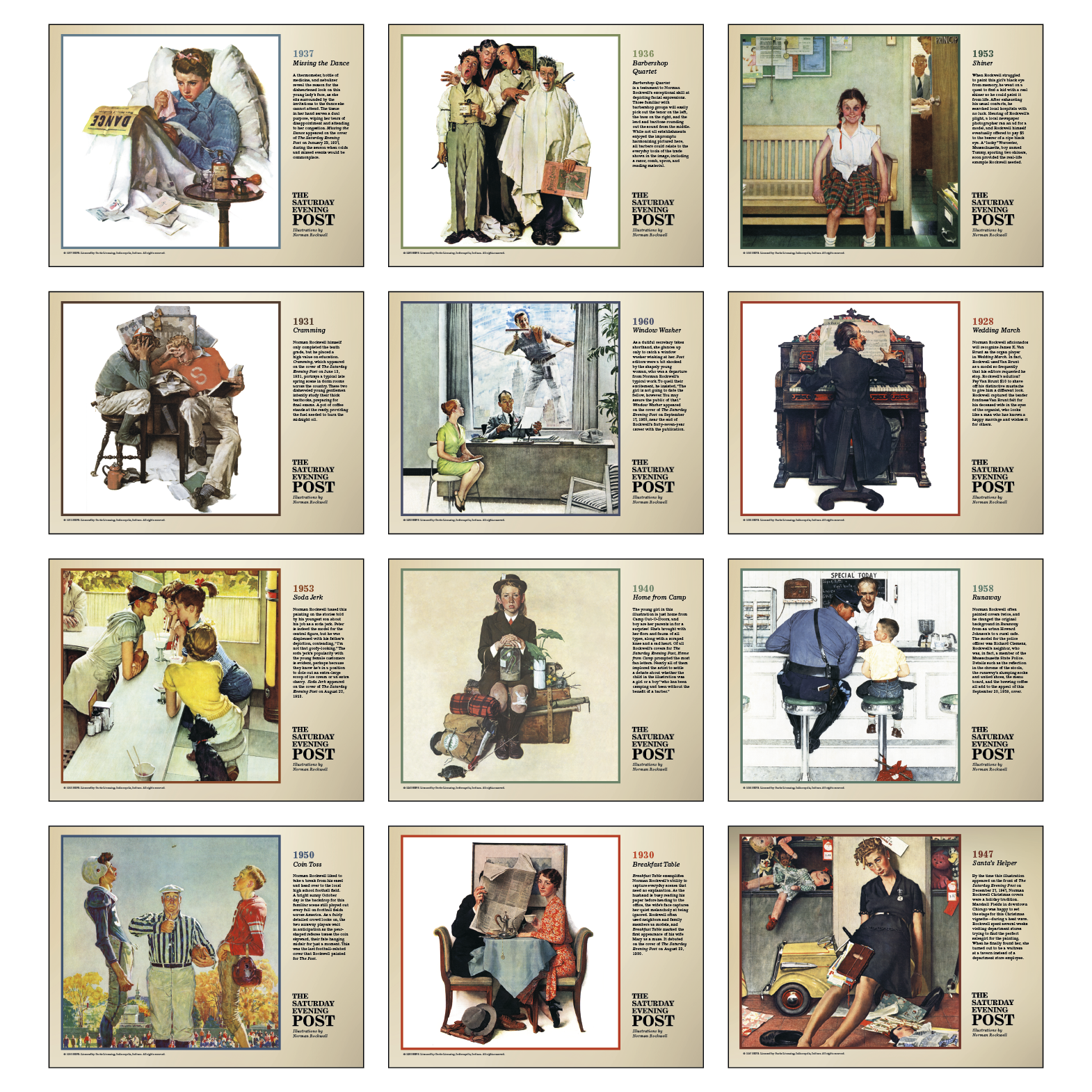 Deluxe pocket appointment calendar featuring The Saturday Evening Post Norman Rockwell Americana illustrations with reverse-collated monthly storage pockets and a matte paper cover.