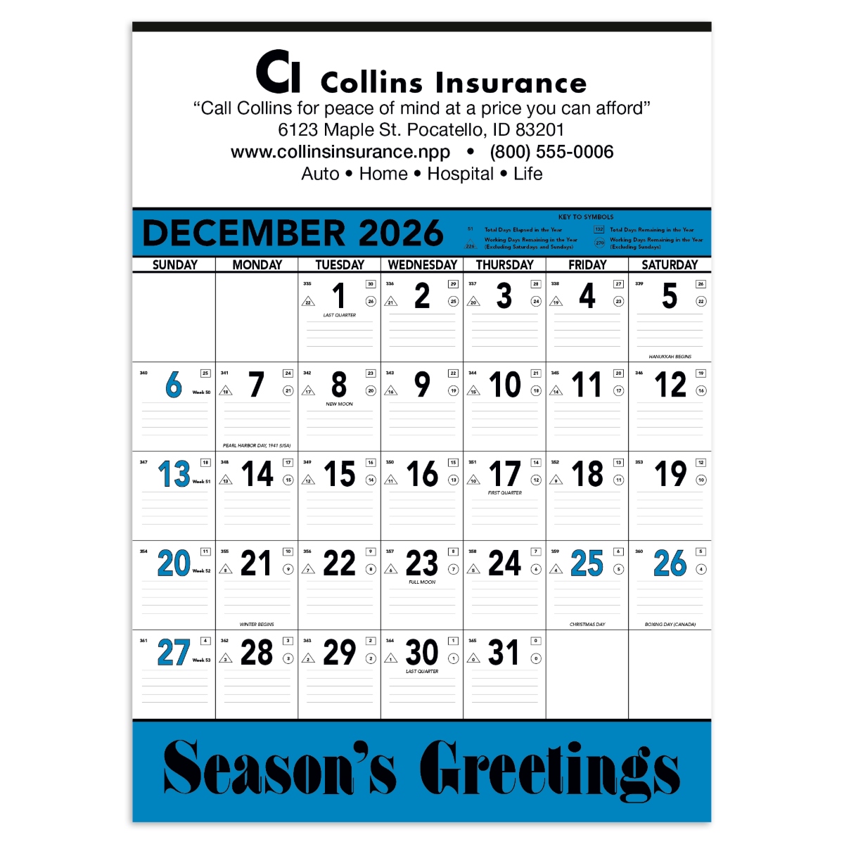 Giant planner with ruled date blocks, Julian dates, and indicators for days and workdays remaining throughout the year.