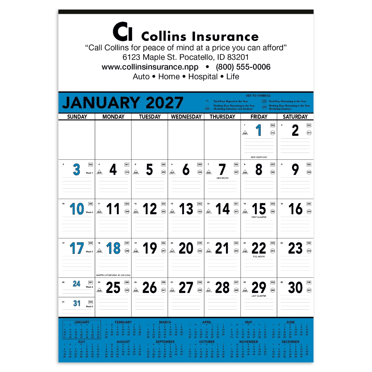 Giant planner with ruled date blocks, Julian dates, and indicators for days and workdays remaining throughout the year.