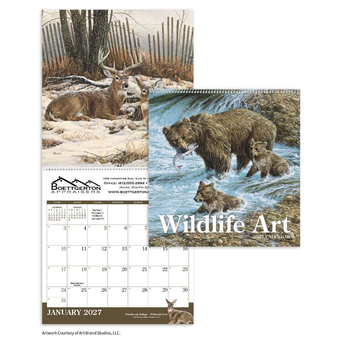 Wildlife Art Executive Calendar featuring stunning full-color reproductions of wildlife oil paintings by renowned artists, a premium executive-style wall calendar with large monthly appointment grids, heavyweight glossy pages, spiral binding, and a spacious custom imprint area, ideal for wildlife enthusiasts, offices, and year-round scheduling.