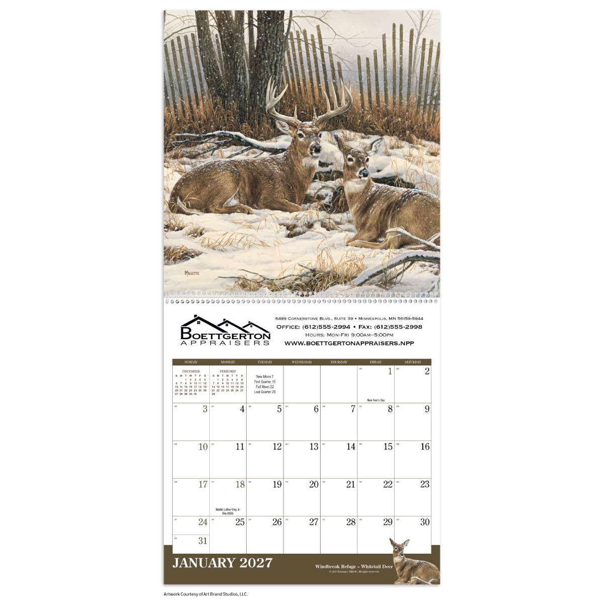 Wildlife Art Executive Calendar featuring stunning full-color reproductions of wildlife oil paintings by renowned artists, a premium executive-style wall calendar with large monthly appointment grids, heavyweight glossy pages, spiral binding, and a spacious custom imprint area, ideal for wildlife enthusiasts, offices, and year-round scheduling.