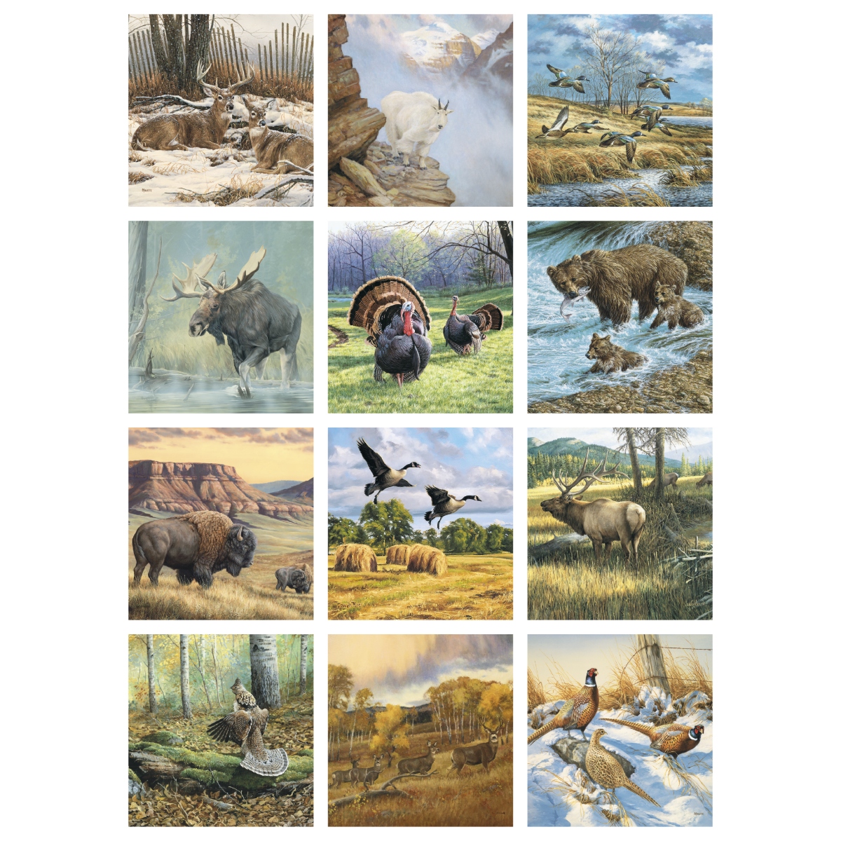 Wildlife Art Executive Calendar featuring stunning full-color reproductions of wildlife oil paintings by renowned artists, a premium executive-style wall calendar with large monthly appointment grids, heavyweight glossy pages, spiral binding, and a spacious custom imprint area, ideal for wildlife enthusiasts, offices, and year-round scheduling.