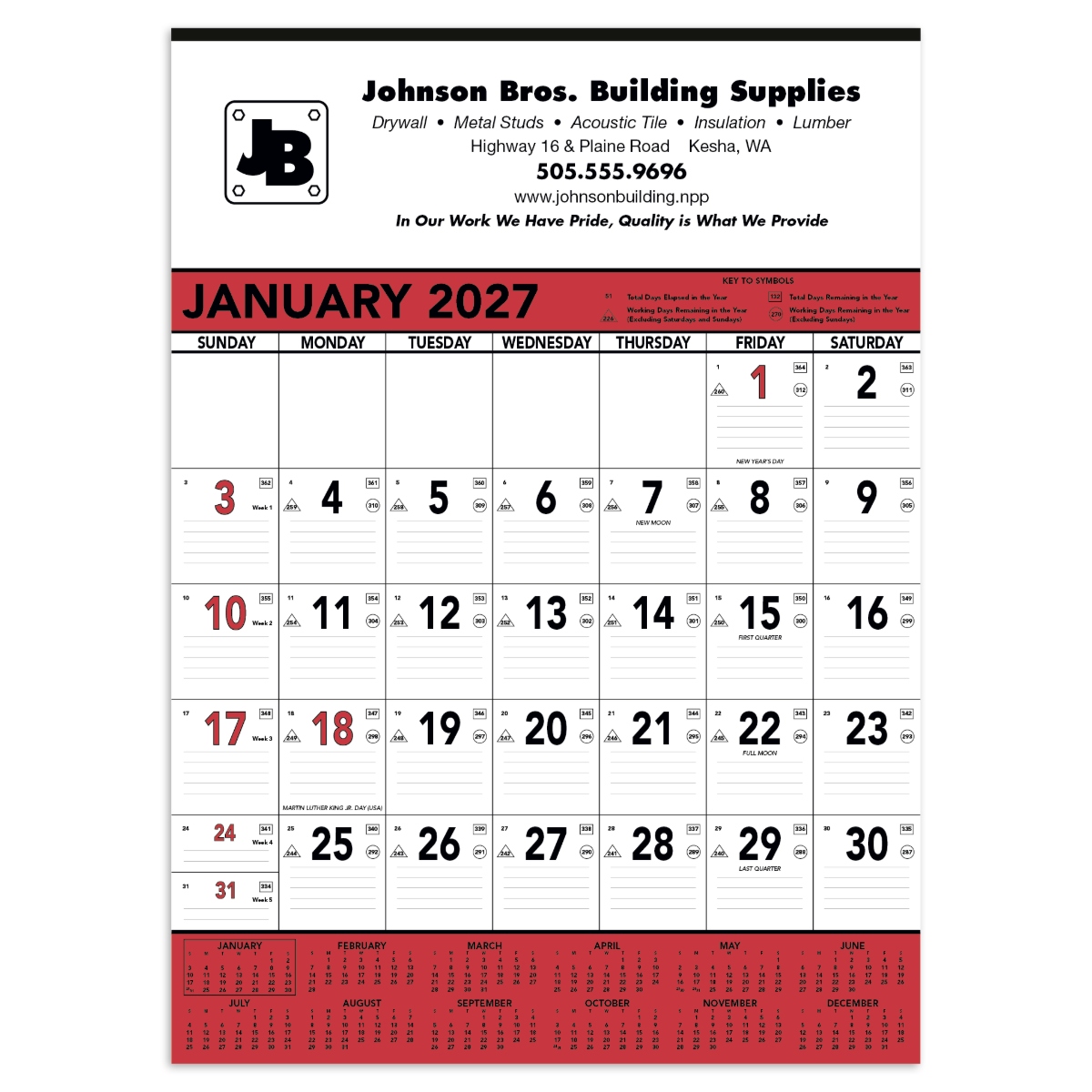 Giant planner with ruled date blocks, Julian dates, and indicators for days and workdays remaining throughout the year.