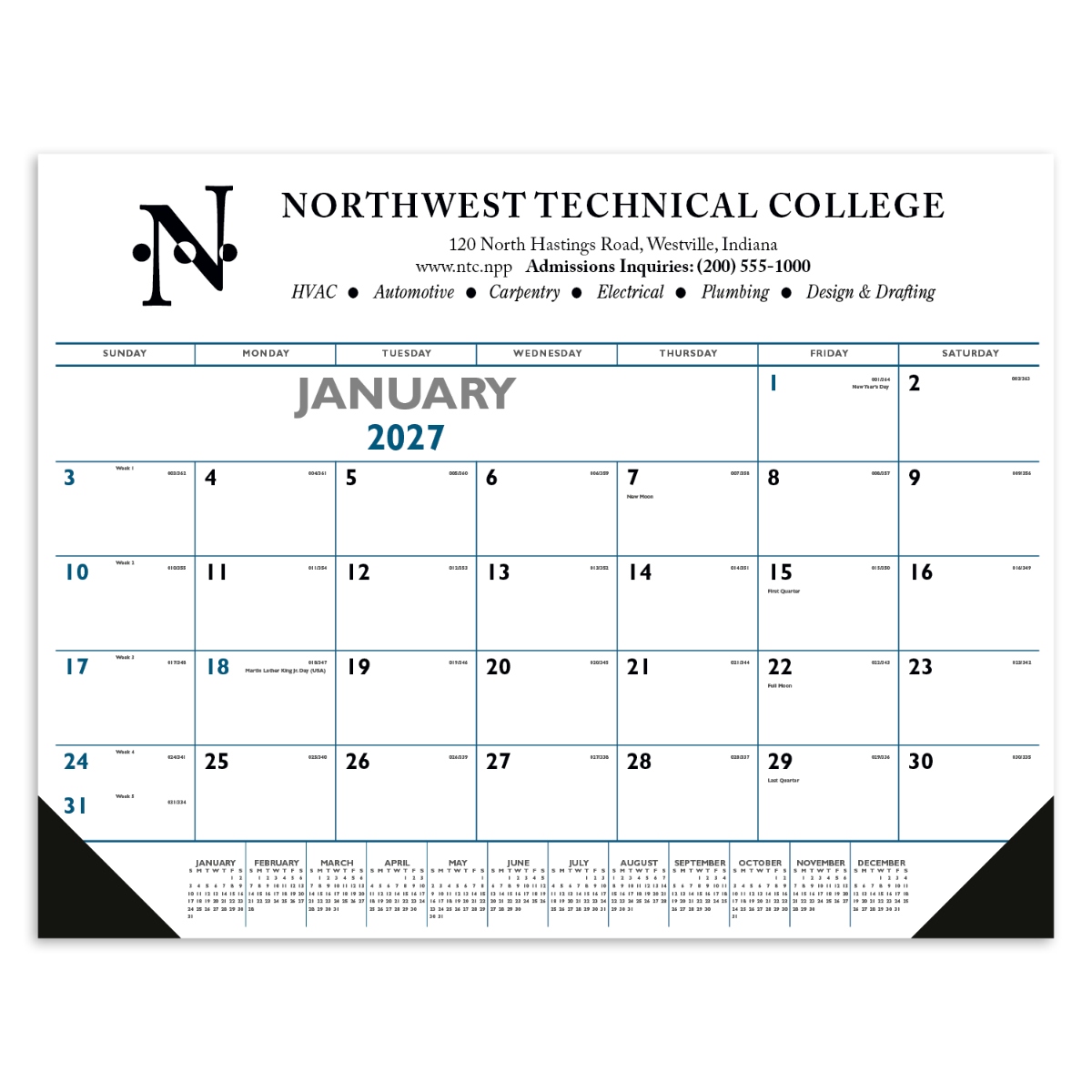 Black Blue & Black Desk Pad Calendar with Vinyl Corners featuring a large monthly calendar grid, bold blue and black design, durable vinyl corner protectors, spacious writing area, and a desk pad layout for organizing appointments, notes, and daily tasks at home or in the office.