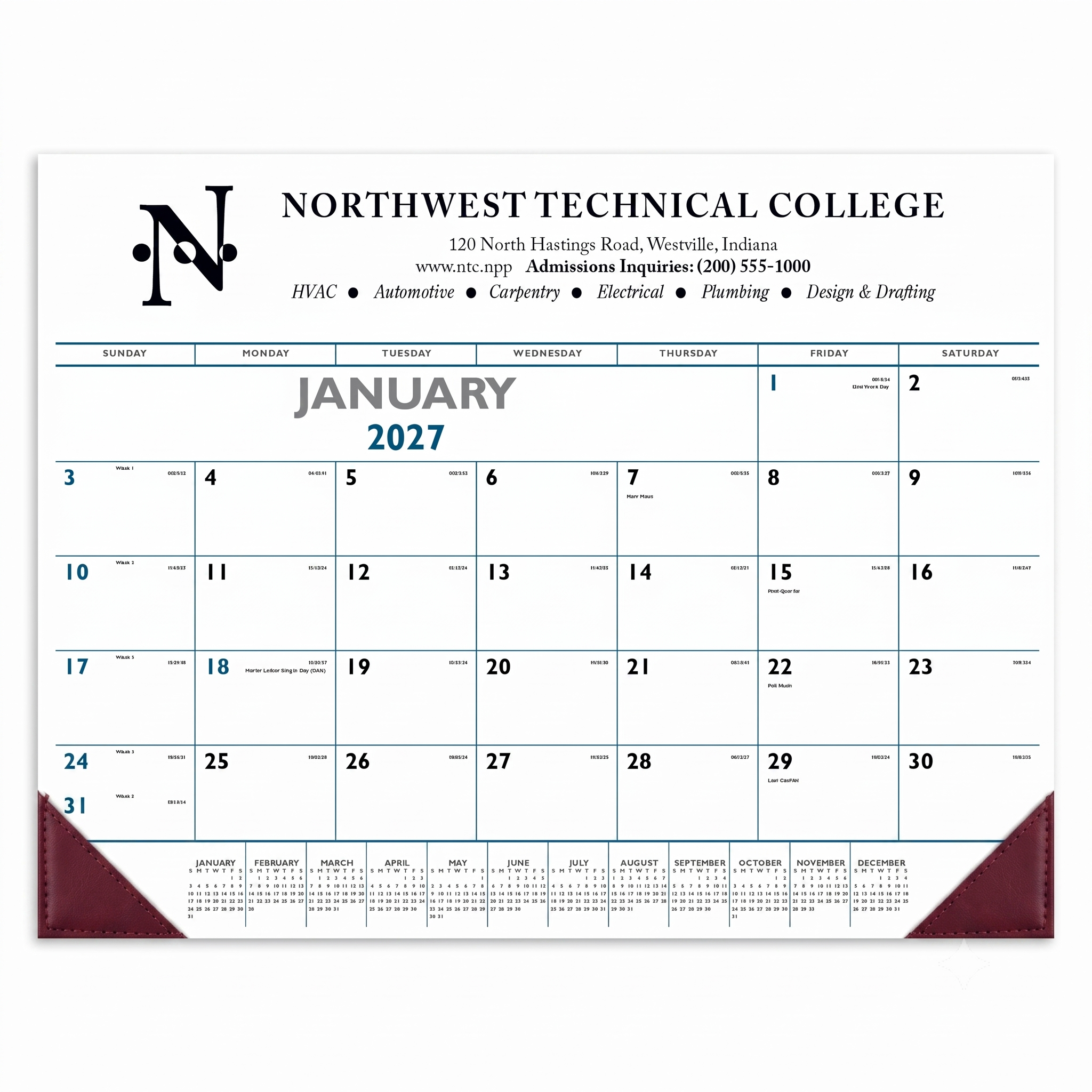 Burgundy Blue & Black Desk Pad Calendar with Vinyl Corners featuring a large monthly calendar grid, bold blue and black design, durable vinyl corner protectors, spacious writing area, and a desk pad layout for organizing appointments, notes, and daily tasks at home or in the office.