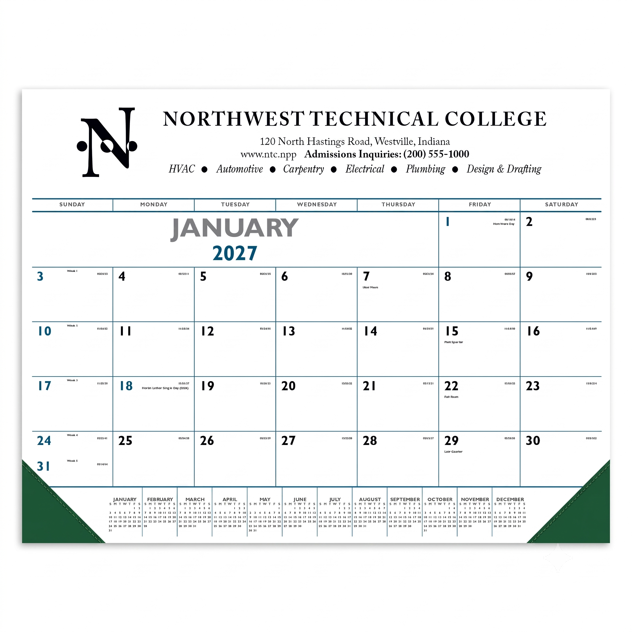 Forest Green Blue & Black Desk Pad Calendar with Vinyl Corners featuring a large monthly calendar grid, bold blue and black design, durable vinyl corner protectors, spacious writing area, and a desk pad layout for organizing appointments, notes, and daily tasks at home or in the office.