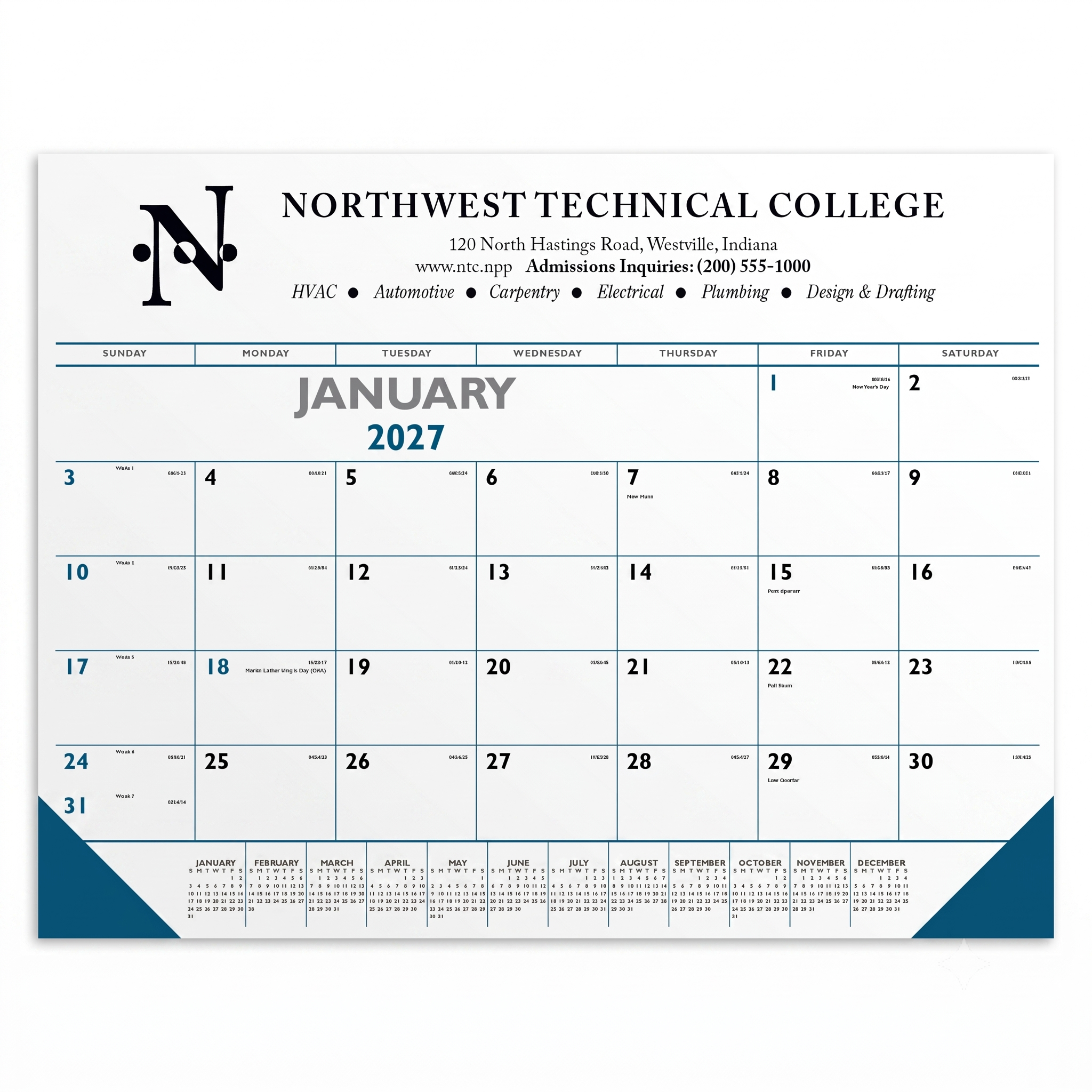 Marine Blue Blue & Black Desk Pad Calendar with Vinyl Corners featuring a large monthly calendar grid, bold blue and black design, durable vinyl corner protectors, spacious writing area, and a desk pad layout for organizing appointments, notes, and daily tasks at home or in the office.