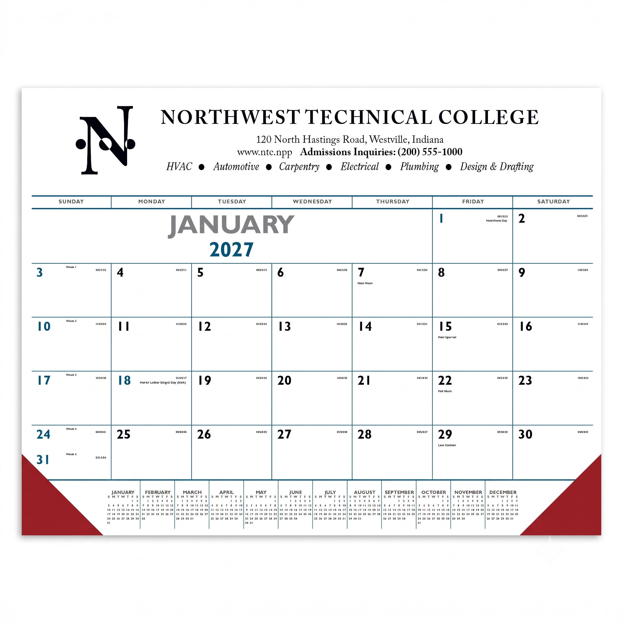 Red Blue & Black Desk Pad Calendar with Vinyl Corners featuring a large monthly calendar grid, bold blue and black design, durable vinyl corner protectors, spacious writing area, and a desk pad layout for organizing appointments, notes, and daily tasks at home or in the office.