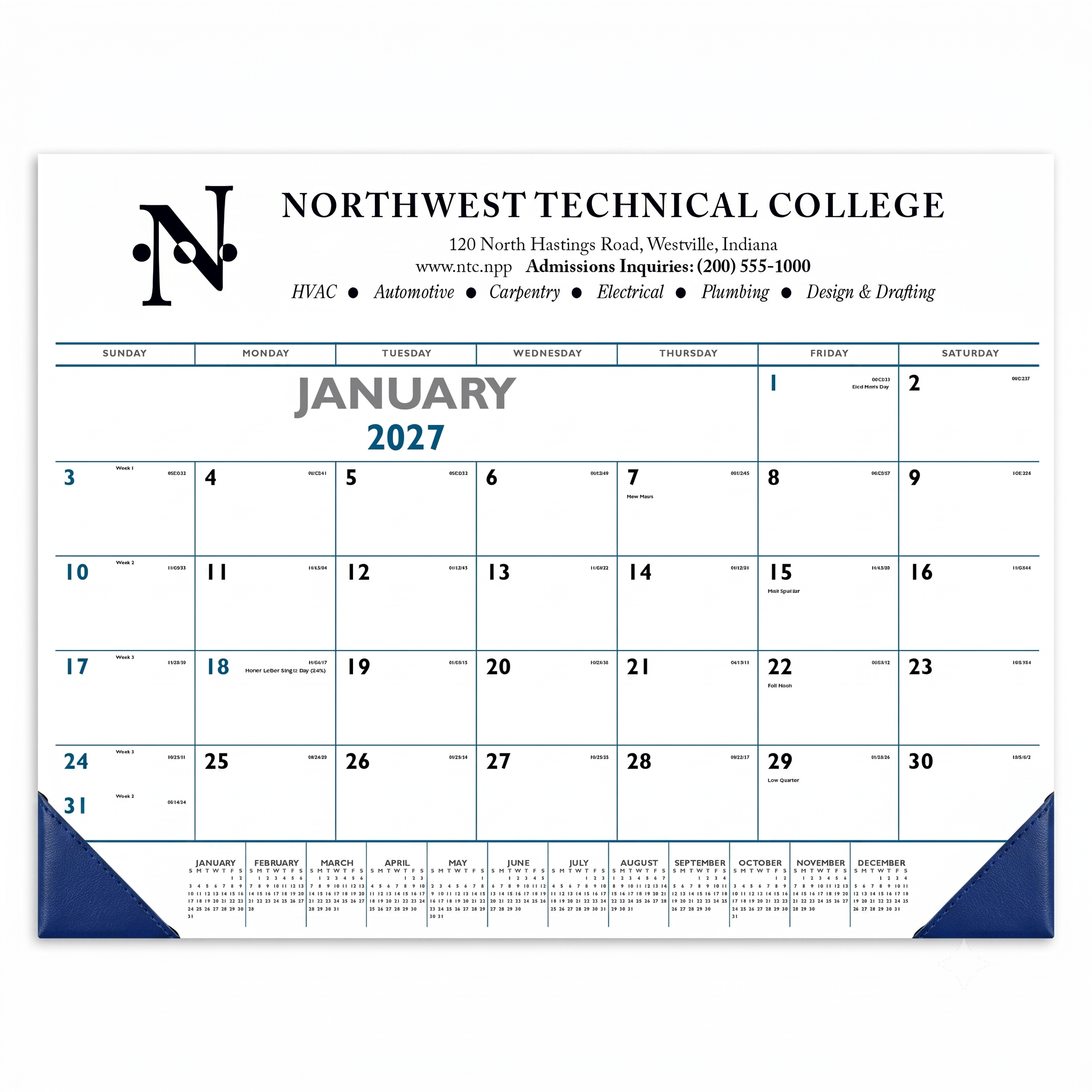 Royal Blue Blue & Black Desk Pad Calendar with Vinyl Corners featuring a large monthly calendar grid, bold blue and black design, durable vinyl corner protectors, spacious writing area, and a desk pad layout for organizing appointments, notes, and daily tasks at home or in the office.