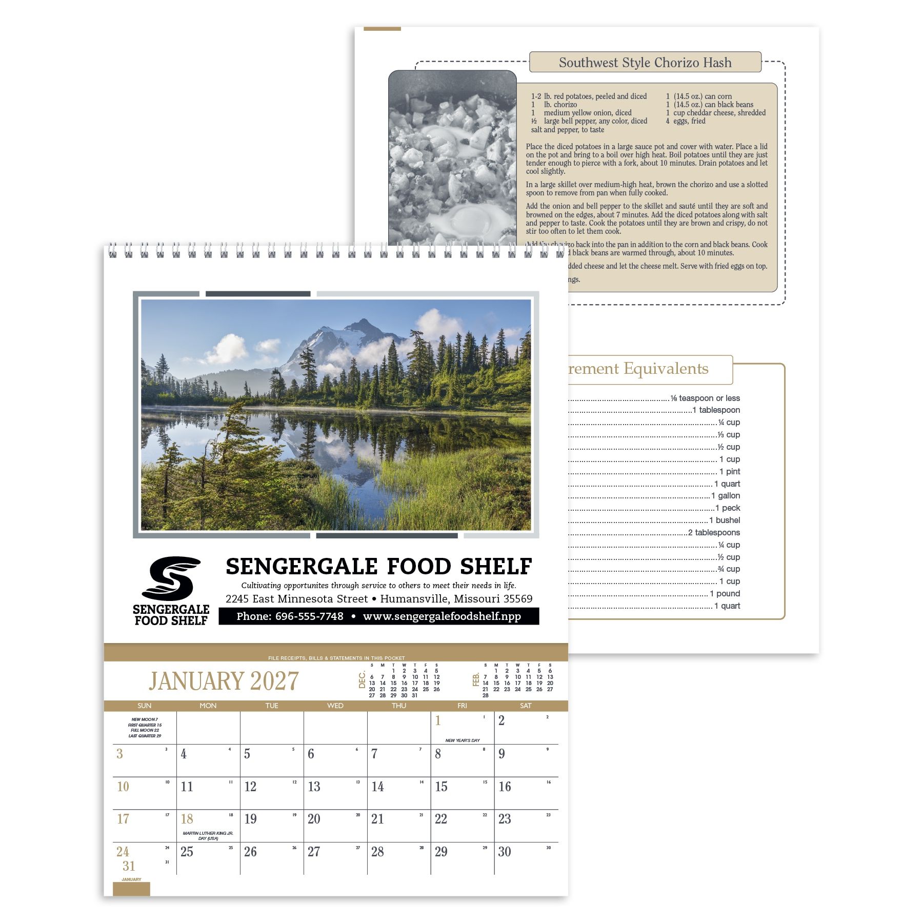 Recipe pocket calendar featuring scenic artwork, 12 monthly storage pockets, recipes, home hints, Julian dates, and an FSC®-certified paper cover.