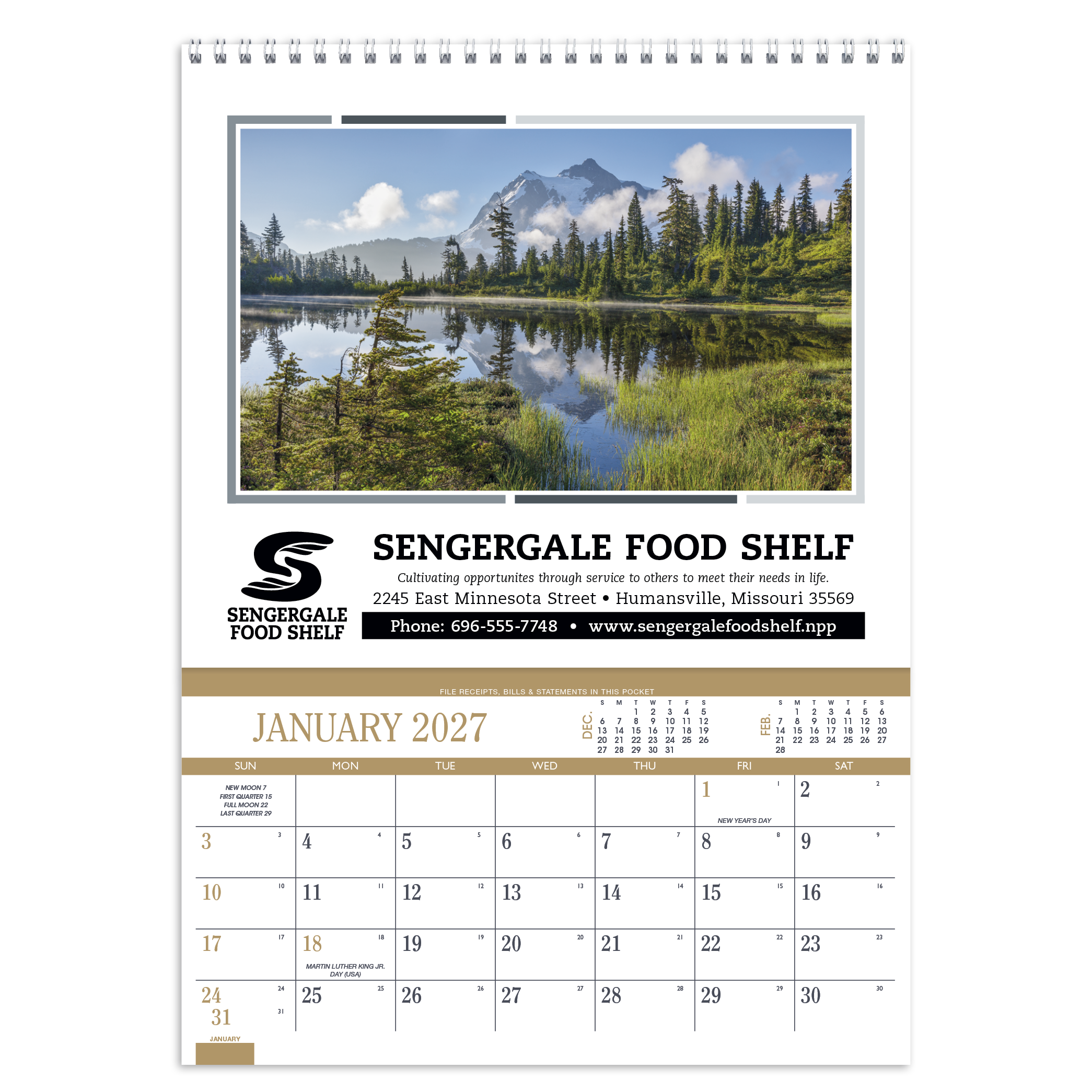 Recipe pocket calendar featuring scenic artwork, 12 monthly storage pockets, recipes, home hints, Julian dates, and an FSC®-certified paper cover.
