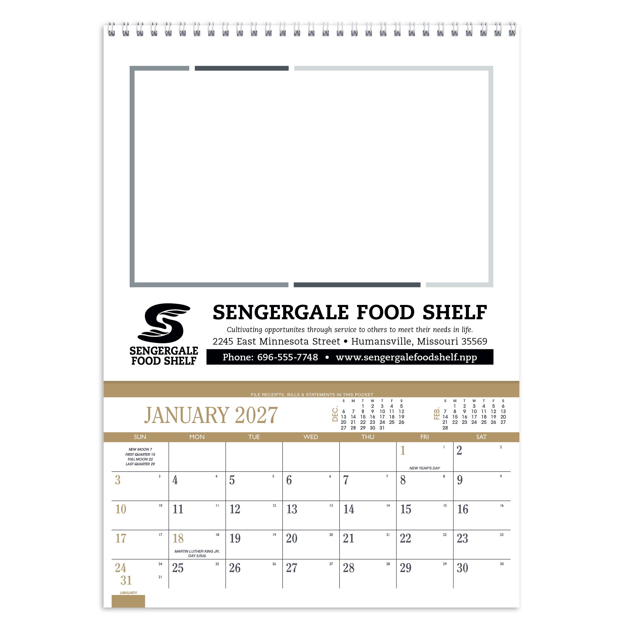 Recipe pocket calendar featuring scenic artwork, 12 monthly storage pockets, recipes, home hints, Julian dates, and an FSC®-certified paper cover.