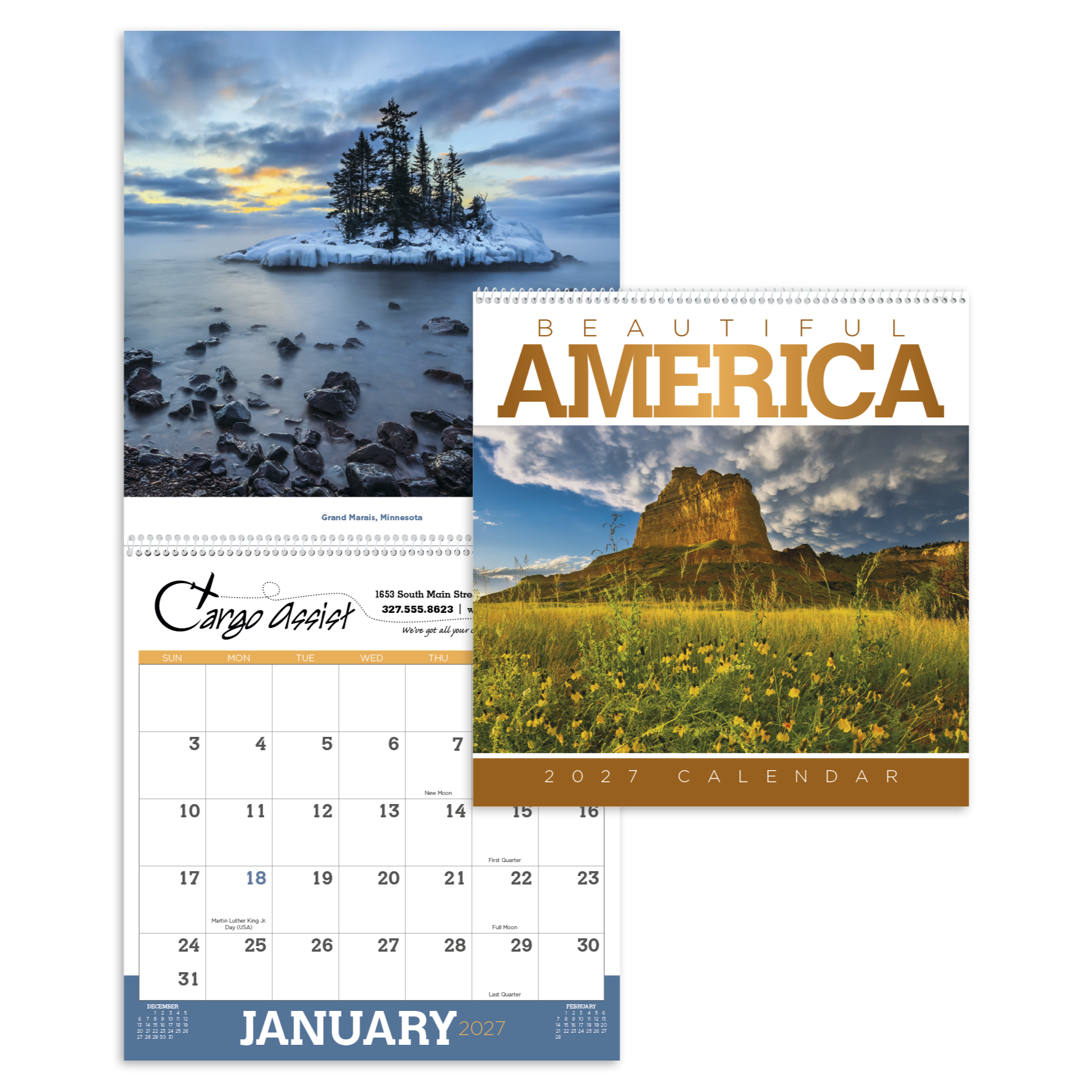 Beautiful America Calendar featuring breathtaking full-color photographs of iconic American landscapes and landmarks, a premium wall calendar with spacious monthly appointment grids, glossy pages, and a large custom imprint area, ideal for homes, offices, and year-round scheduling.
