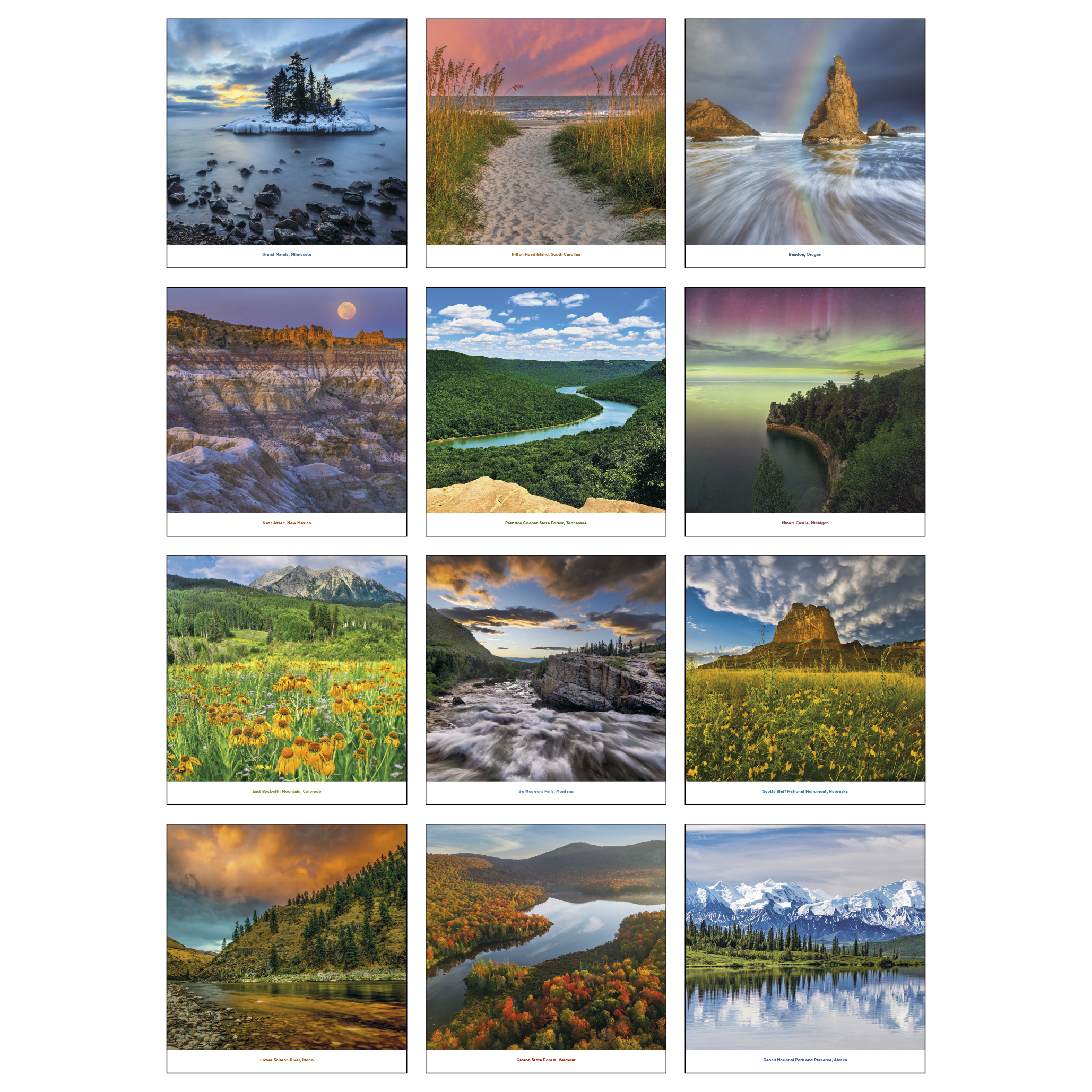Beautiful America Calendar featuring breathtaking full-color photographs of iconic American landscapes and landmarks, a premium wall calendar with spacious monthly appointment grids, glossy pages, and a large custom imprint area, ideal for homes, offices, and year-round scheduling.