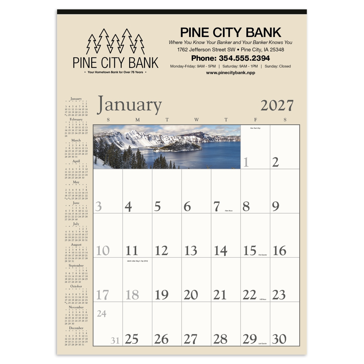 Large-format calendar with easy-to-read dates and spacious writing areas for appointments and project planning.