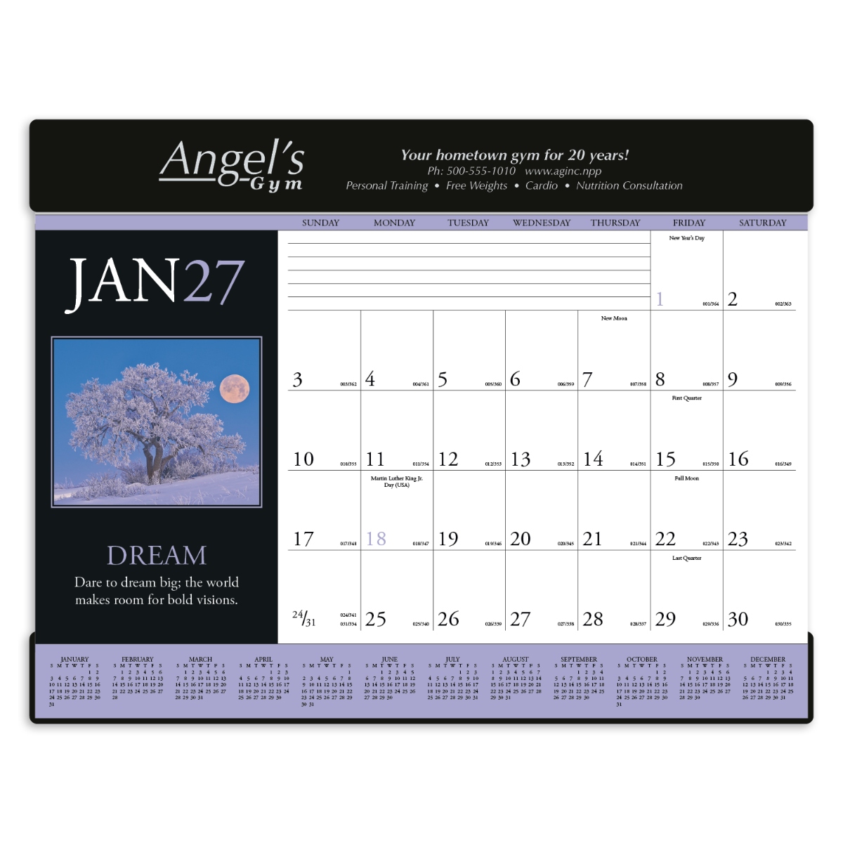 Black Motivations Desk Pad Calendar featuring uplifting inspirational photography and motivational quotes, a large monthly calendar grid with spacious writing areas, durable desk pad format, and a full-color header, designed for organizing schedules, appointments, and daily tasks at home or in the office.