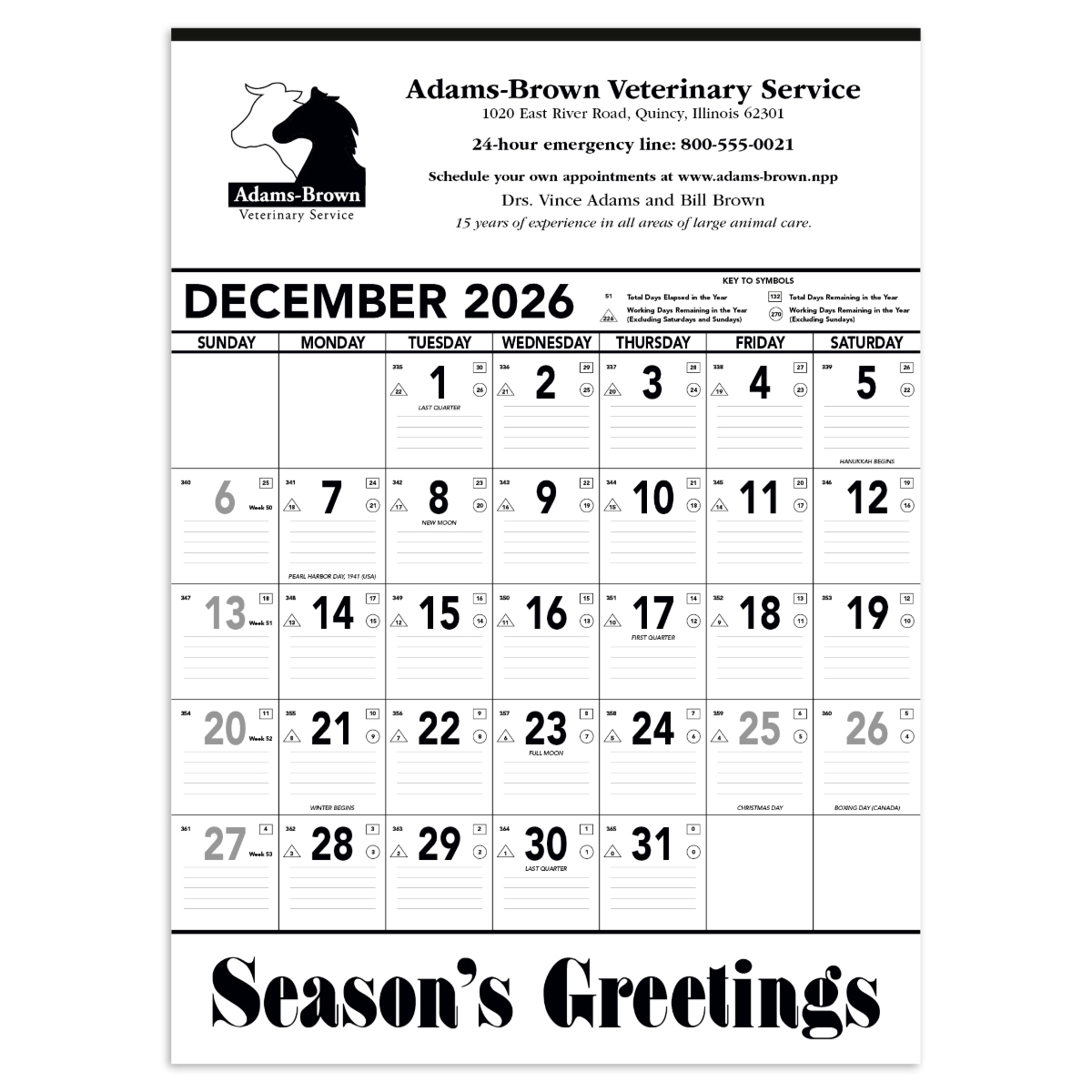 Giant black-and-white planner with ruled date blocks, Julian dates, and indicators for days and workdays remaining throughout the year.