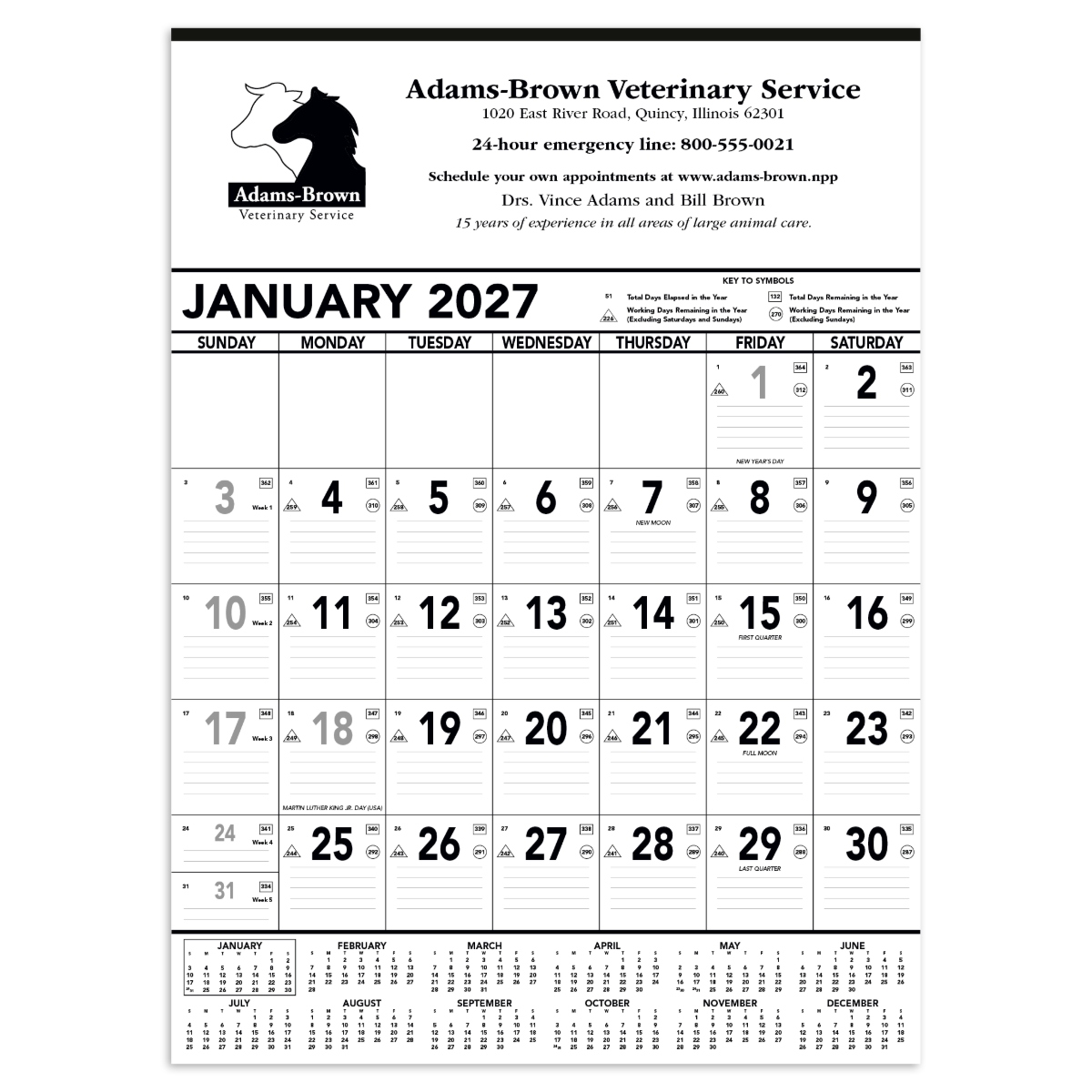 Giant black-and-white planner with ruled date blocks, Julian dates, and indicators for days and workdays remaining throughout the year.