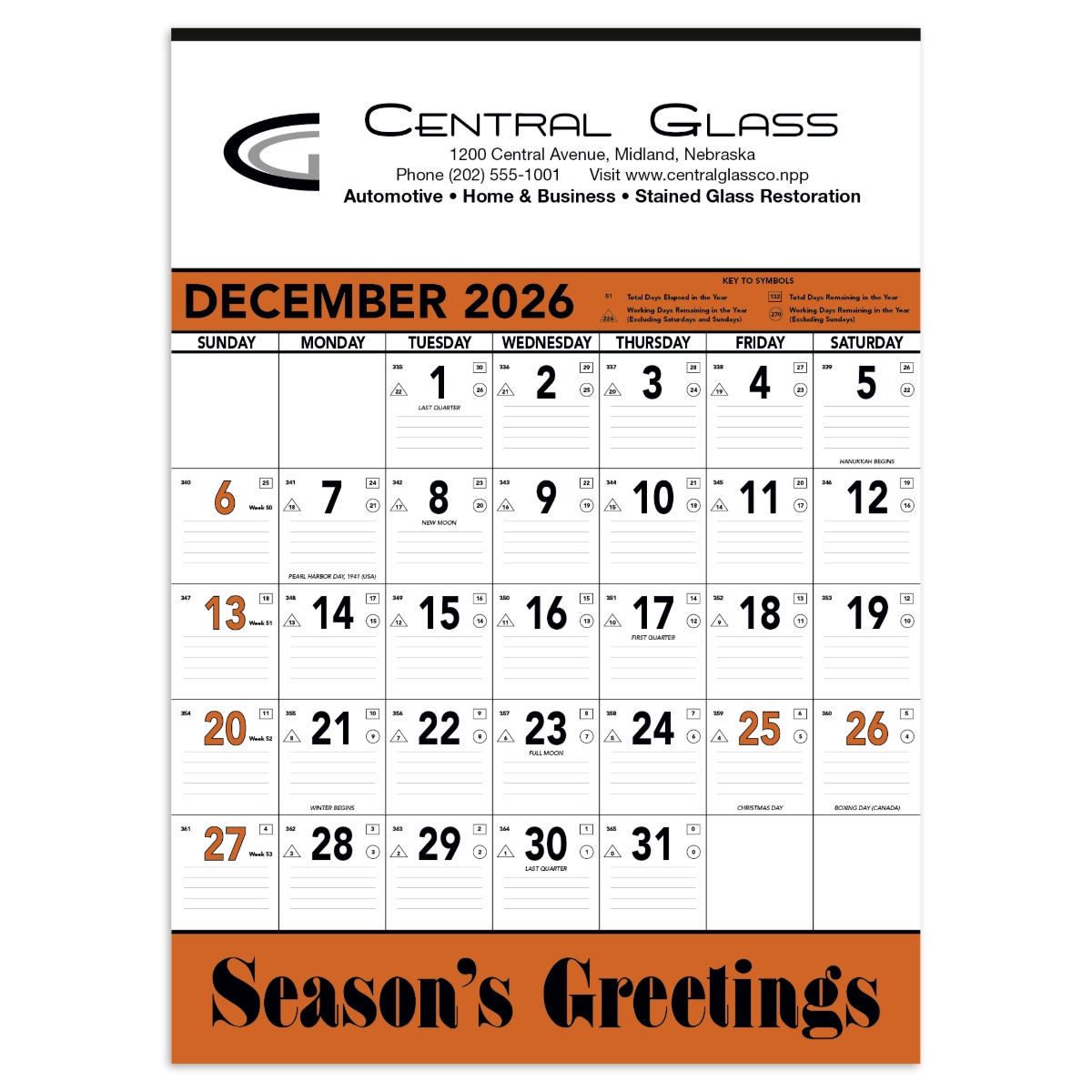 Giant planner with orange and black grid, ruled date blocks, Julian dates, and indicators for days and workdays remaining throughout the year.