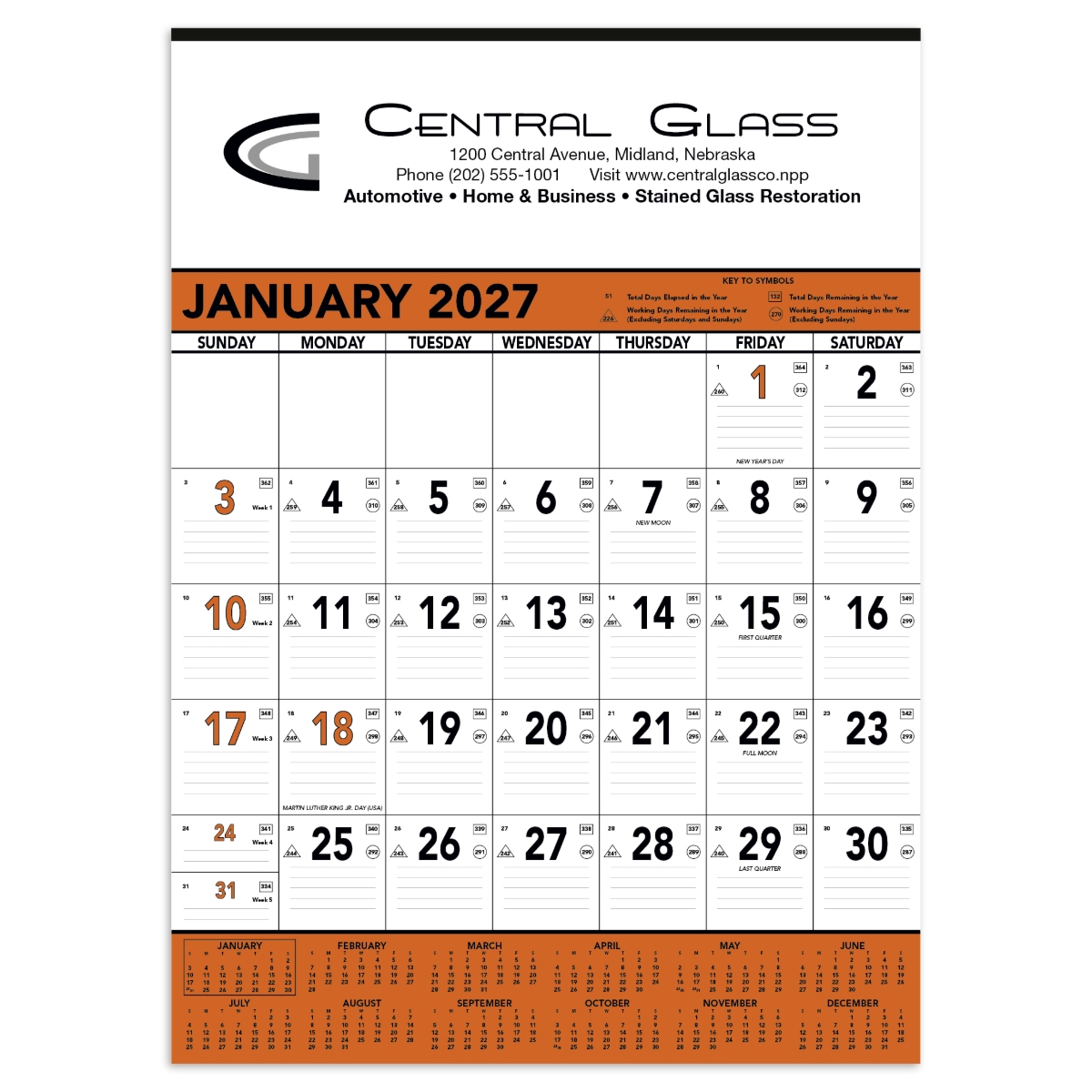 Giant planner with orange and black grid, ruled date blocks, Julian dates, and indicators for days and workdays remaining throughout the year.